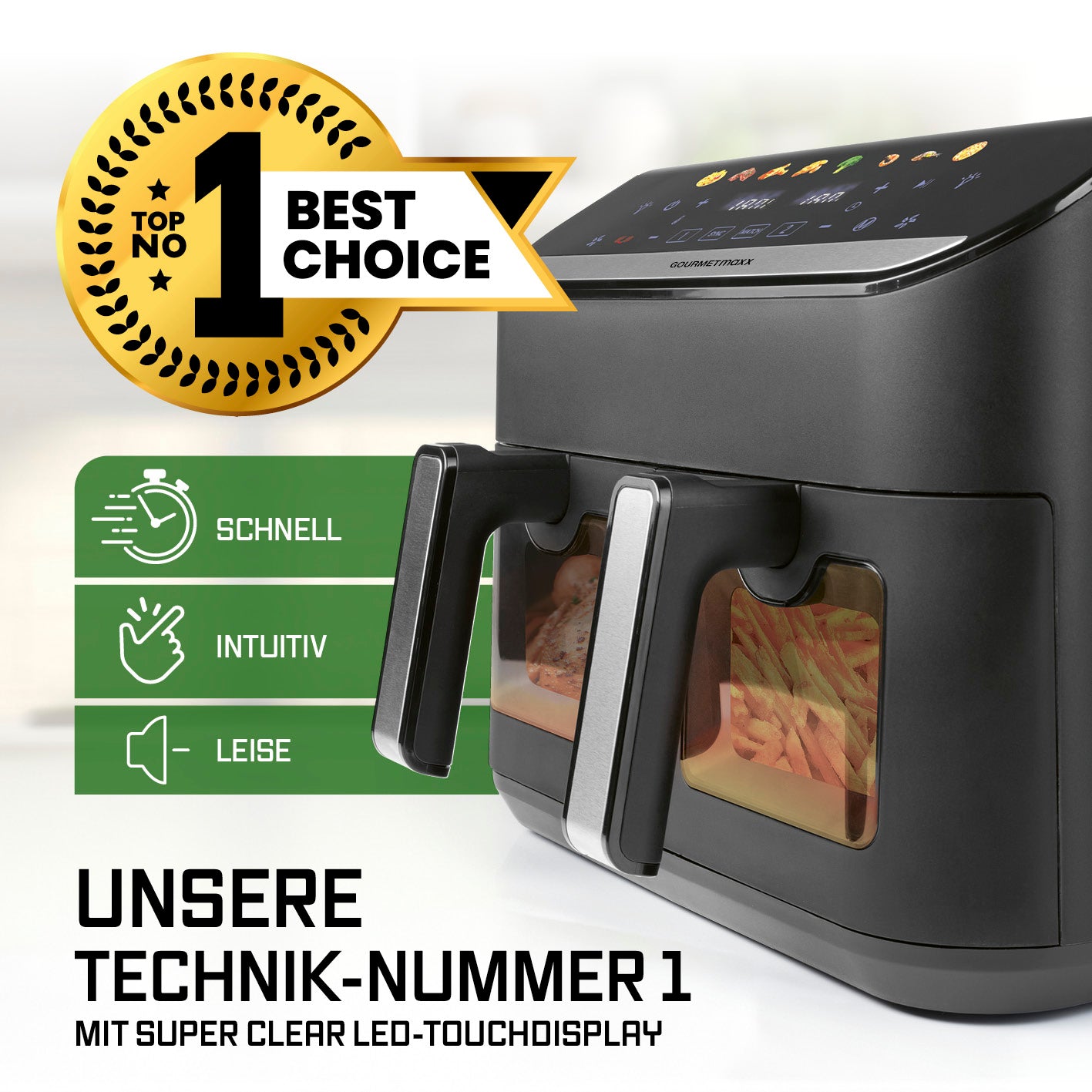 Doppelkammer-Heißluftfritteuse - 9 Liter mit LED-Touchdisplay, zwei Kammern für fettarmes, schnelles und leises Frittieren.