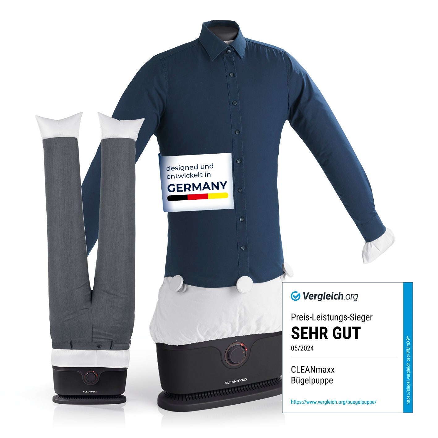 Hemdenbügler PRO mit Hosenaufsatz - Schwarz zeigt automatisches Trocken- und Bügelgerät für Hemden und Hosen, designed in Germany.