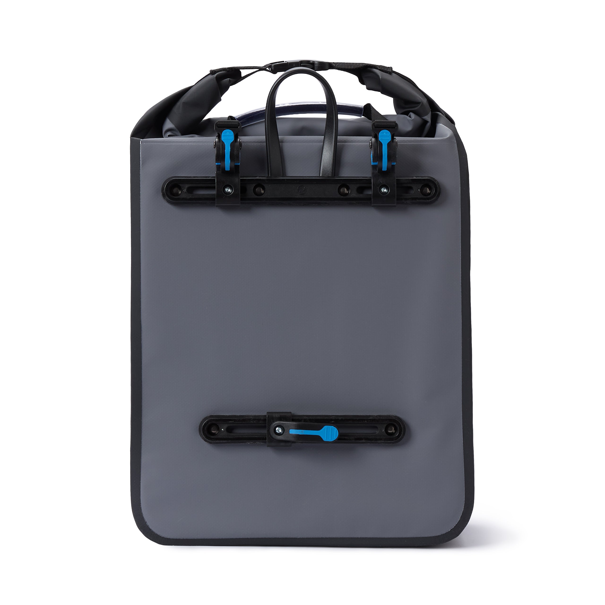 Fahrrad Gepäck Tasche wasserfest - Gepäckträger Packtasche 23L in Grau mit reflektierenden Bändern, Schulterriemen und Tragegriff.