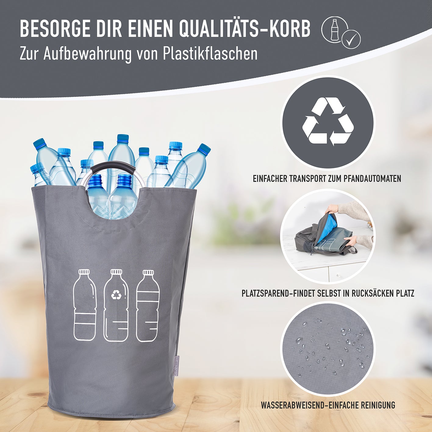 Faltbarer Pfandflaschen Sammelbehälter - Grau, 82L, wasserabweisend, platzsparend faltbar, ideal für Flaschen und Dosen.