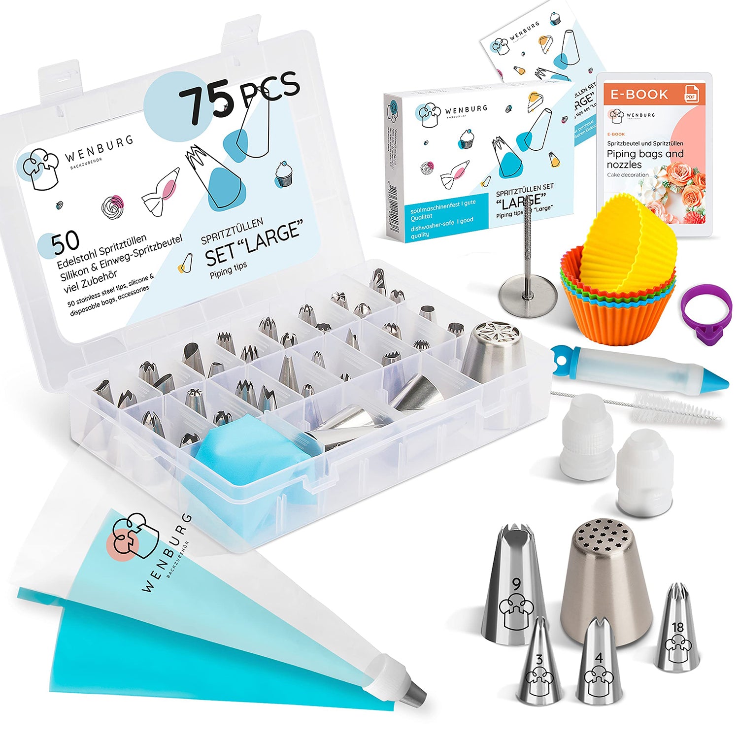 Spritztüllen-Set - 75-teilig mit Edelstahltüllen, Spritzbeuteln, Cake Pen, E-Book und Aufbewahrungsbox für kreatives Torten-Dekor.