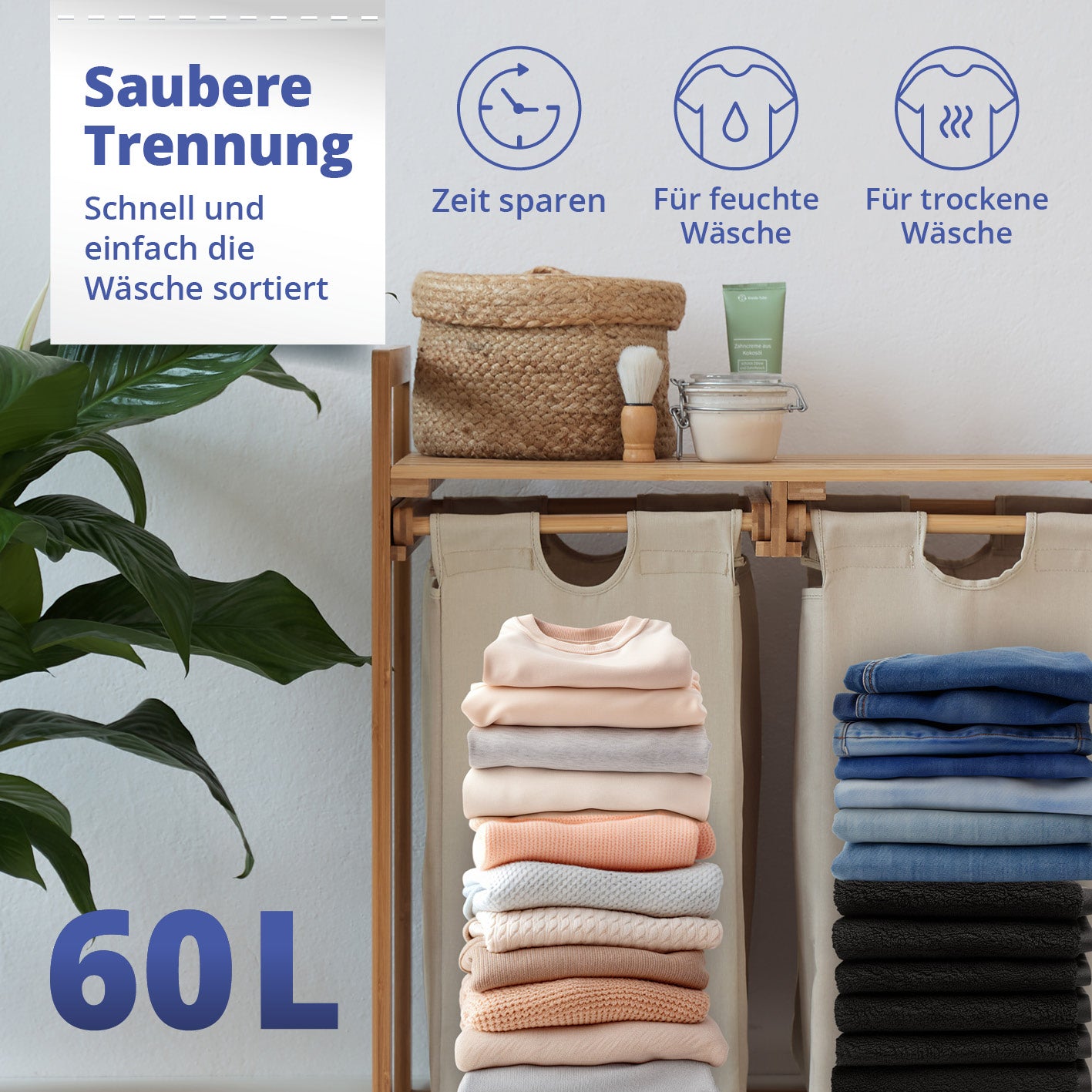 Bambus Wäschekorb mit 2 ausziehbaren Wäschesäcken - 73 x 64 x 33 cm - Grau, 60 L, ideal für feuchte und trockene Wäsche.