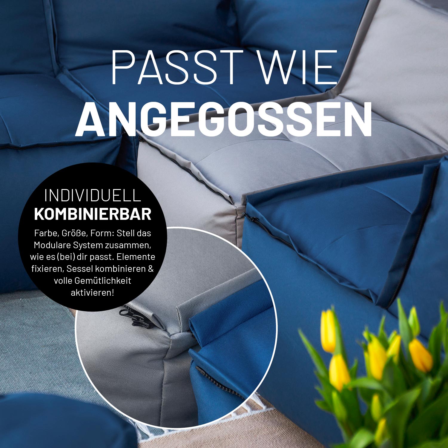 Sitzsack-Sofa Sessel (400 L) graues, modulares In- & Outdoor-System mit extra starker Naht und komfortabler EPS-Füllung.