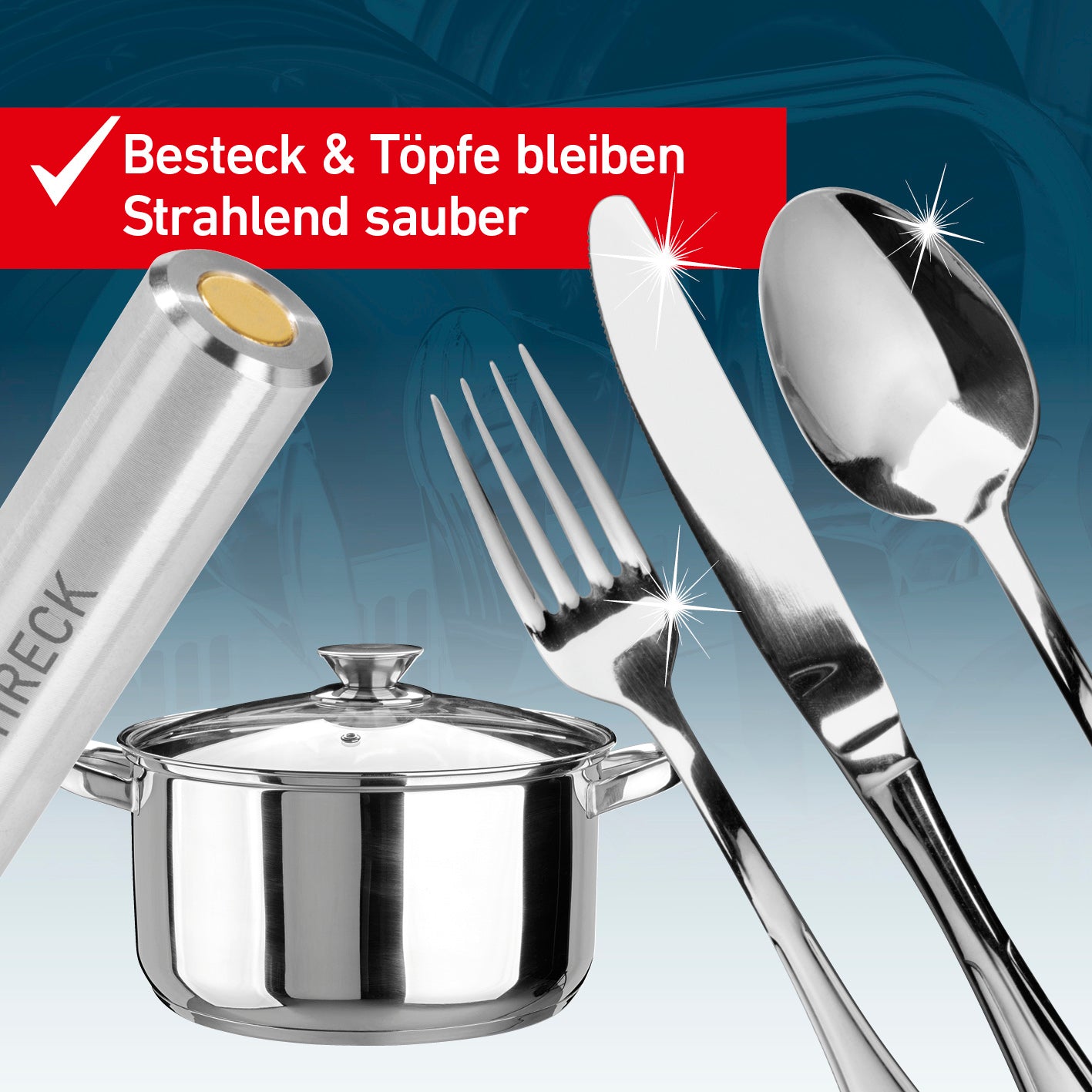 Rostschreck schützt Besteck und Töpfe vor Flugrost in der Spülmaschine für strahlend saubere Ergebnisse ohne Chemie.