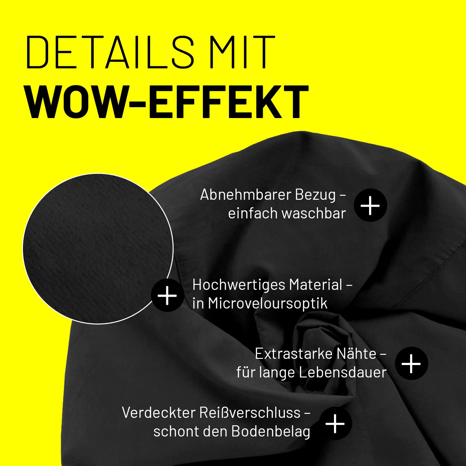 Luxury XL PLUS Sitzsack (220 L) in Schwarz mit abnehmbarem, waschbarem Bezug und hochwertigem Microveloursmaterial.