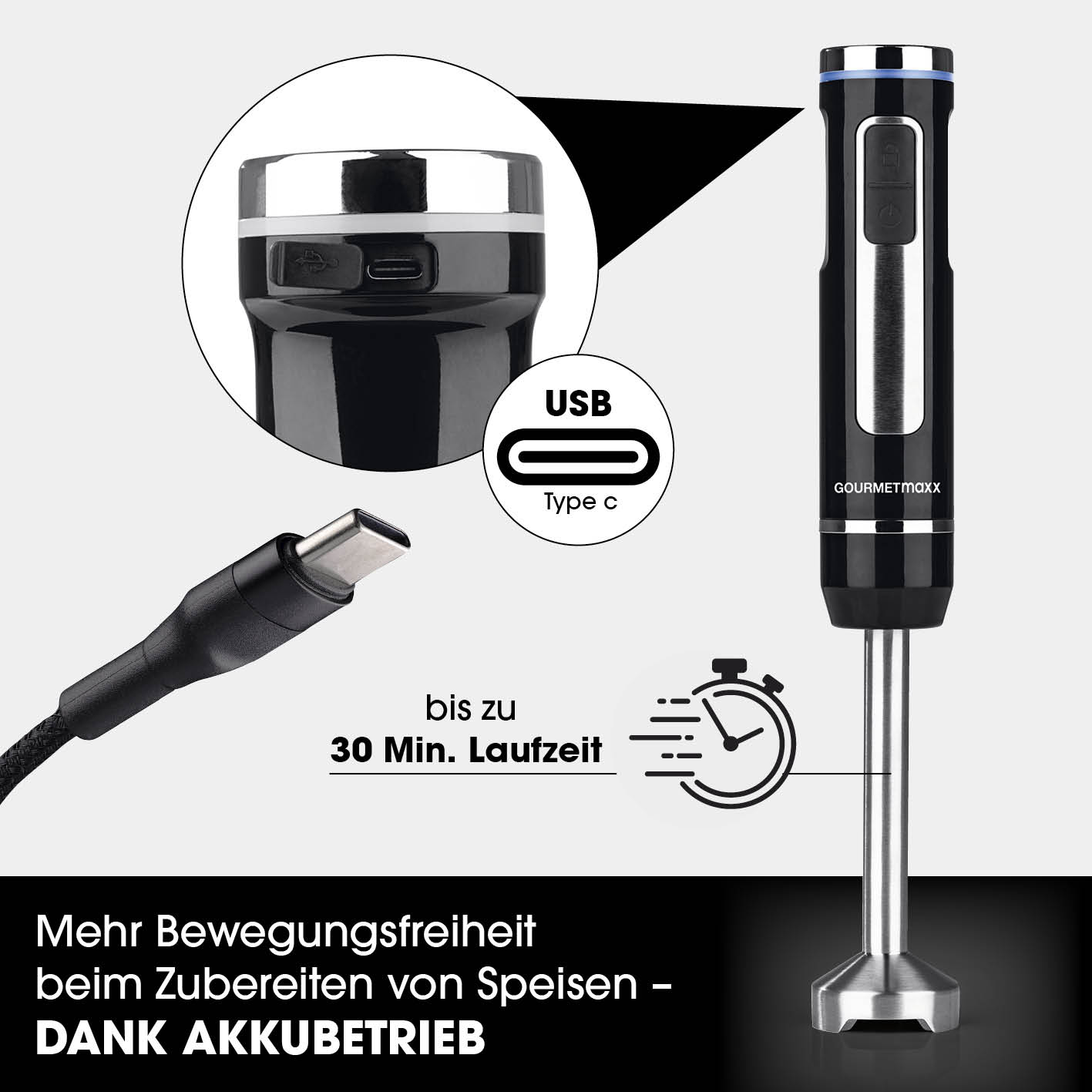Akku-Stabmixer mit XL-Zubehör-Set, kabellos, USB-C aufladbar, bis zu 30 Min. Laufzeit, Edelstahlklingen, BPA-frei.