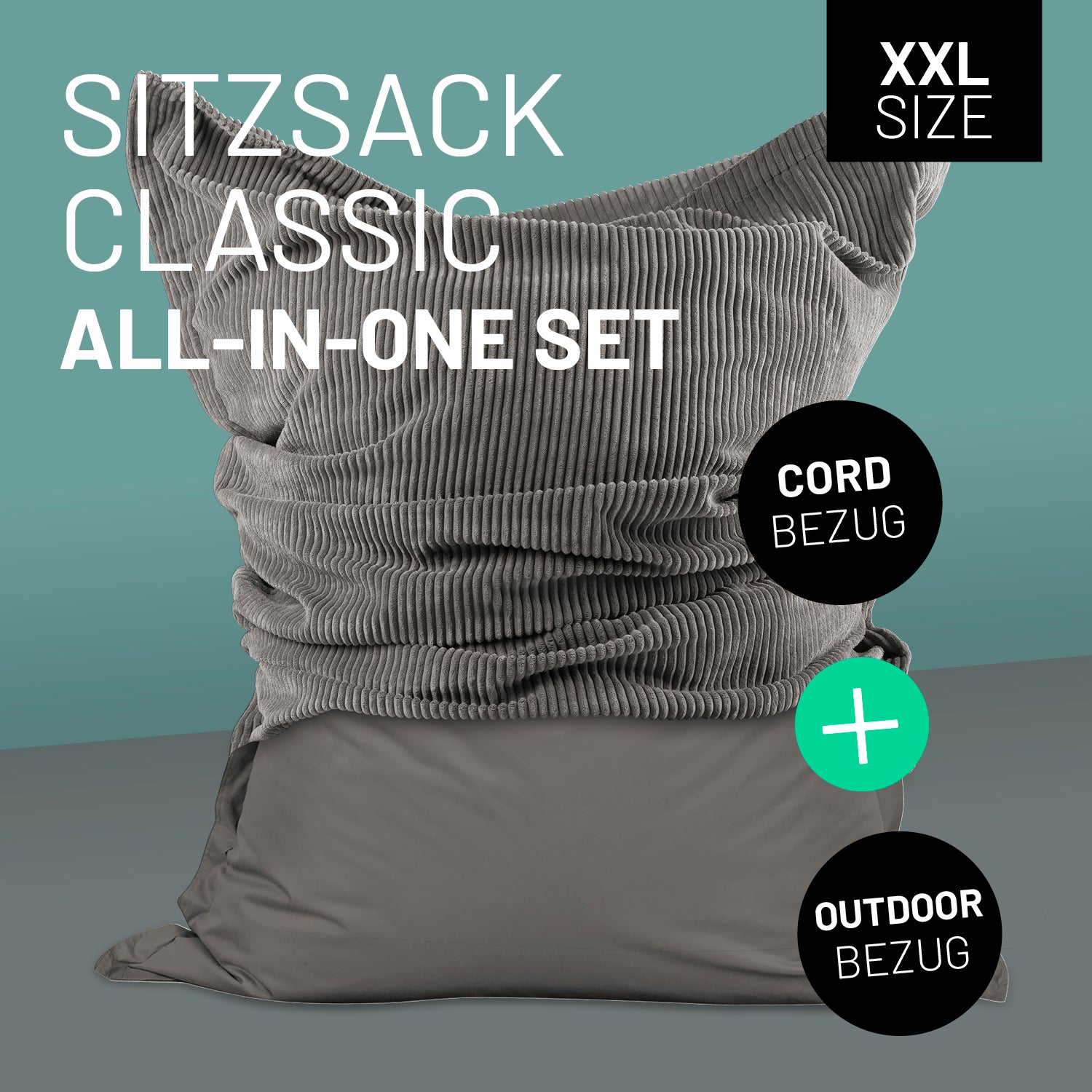 Sitzsack Classic XXL All-in-One Set - 380 L - 140 x 180 cm - Grau mit Cord- und Outdoor-Bezug, wetterfest und vielseitig einsetzbar.