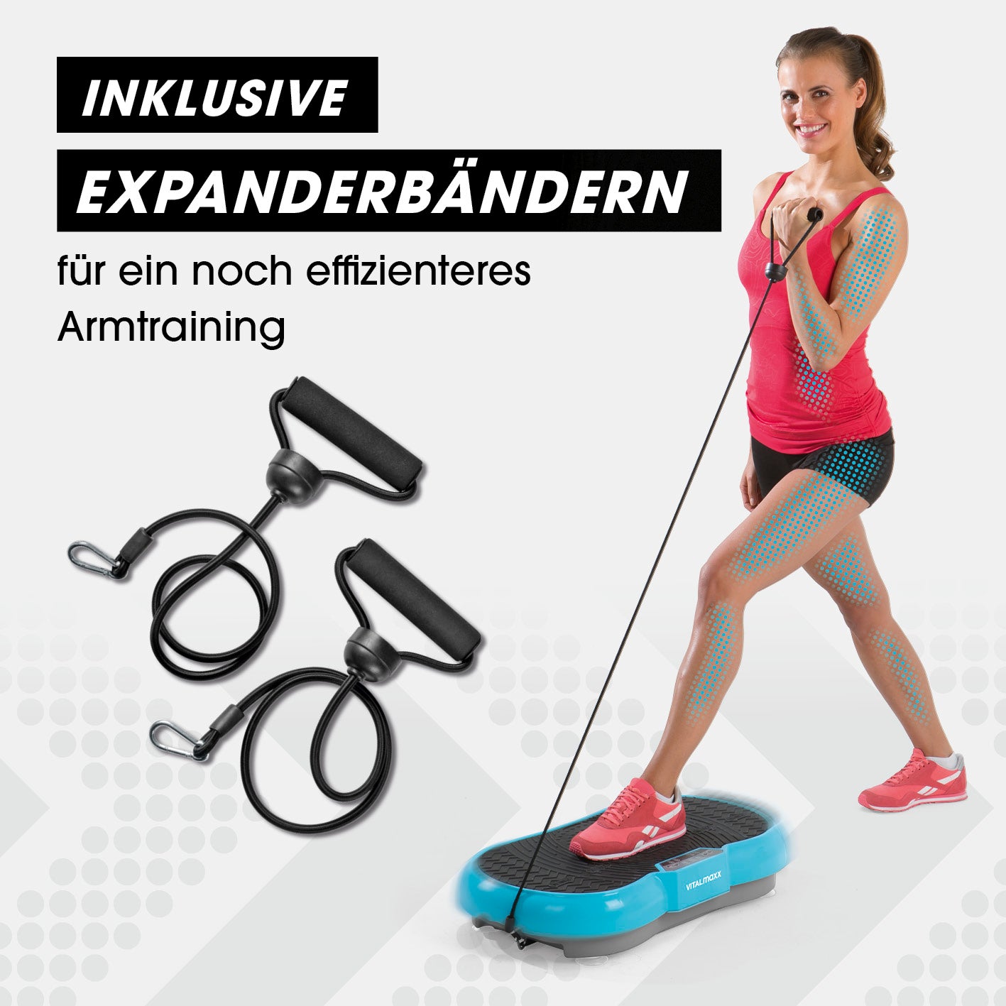 Vibrationstrainer - 4-tlg. - türkis mit Expanderbändern für effektiviertes Arm- und Ganzkörpertraining zu Hause.