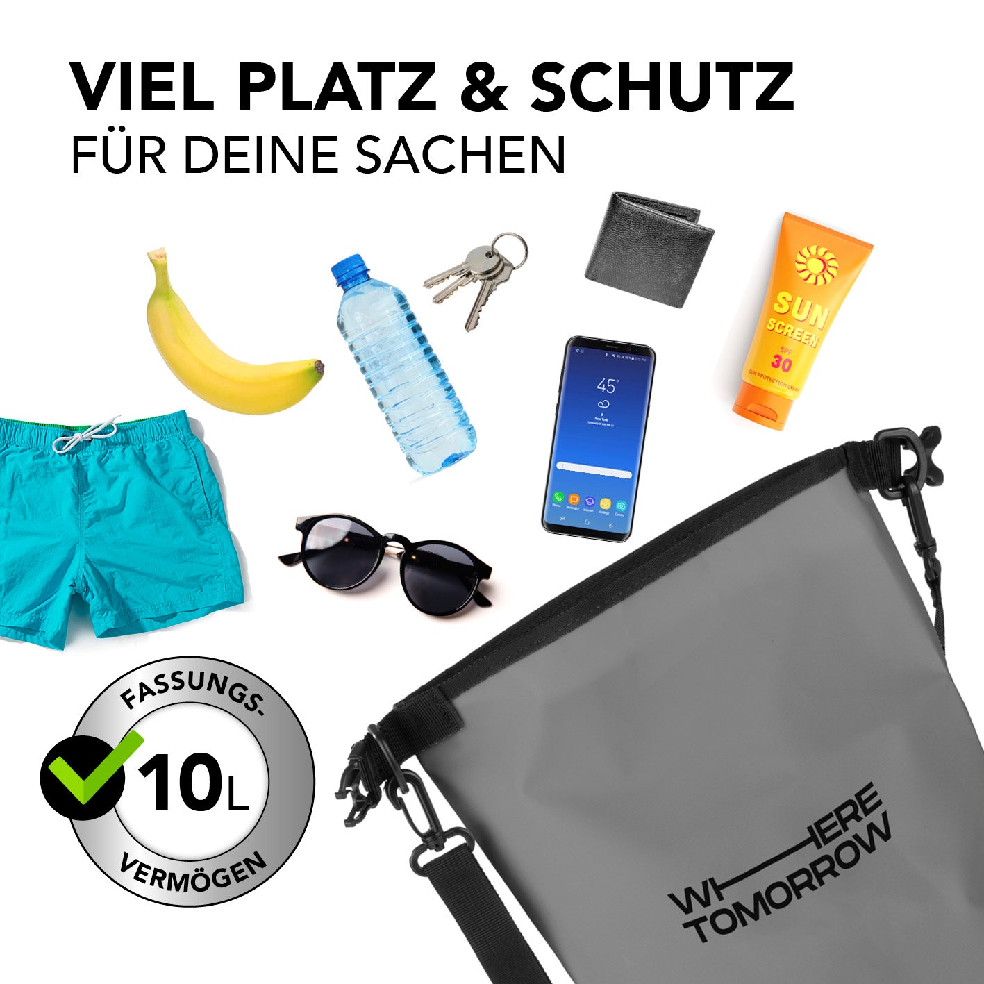 Dry Bag 10L - Style 01 - Grau wasserdichter, robuster Outdoor-Rucksack mit viel Platz und praktischem Rolltop-Verschluss.