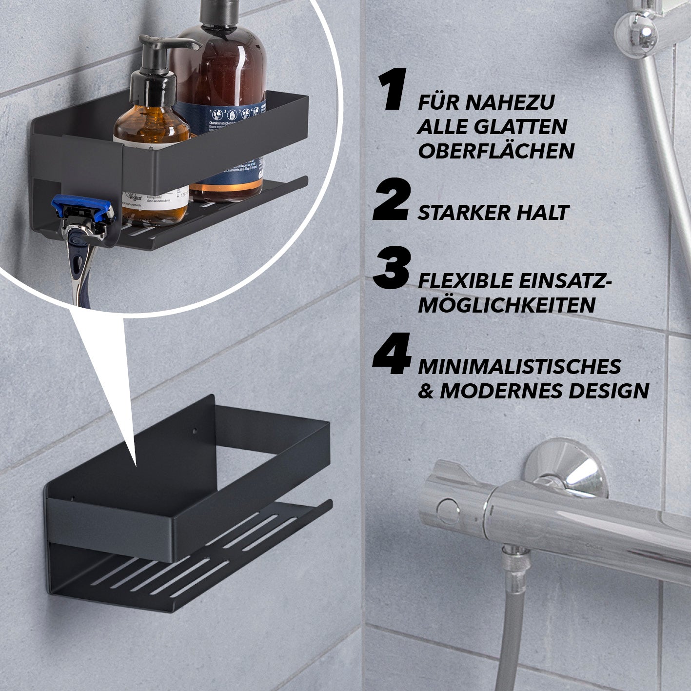 Dusch-Organizer zum Kleben oder Bohren - Schwarz, moderner, robuster Duschablage mit Wasserrillen und Hakenleiste für Shampoo und Duschgel.
