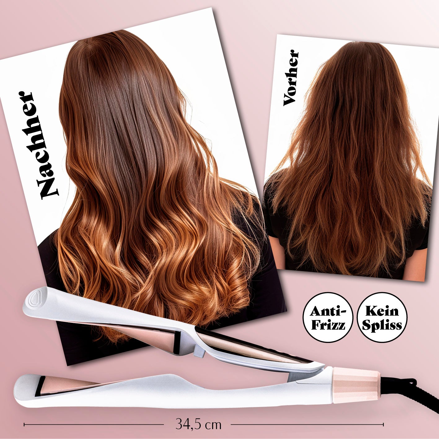 Profi Hair-Styler zeigt glatte, glänzende Haare mit Anti-Frizz-Effekt und kein Spliss dank vielseitigem Stylinggerät.