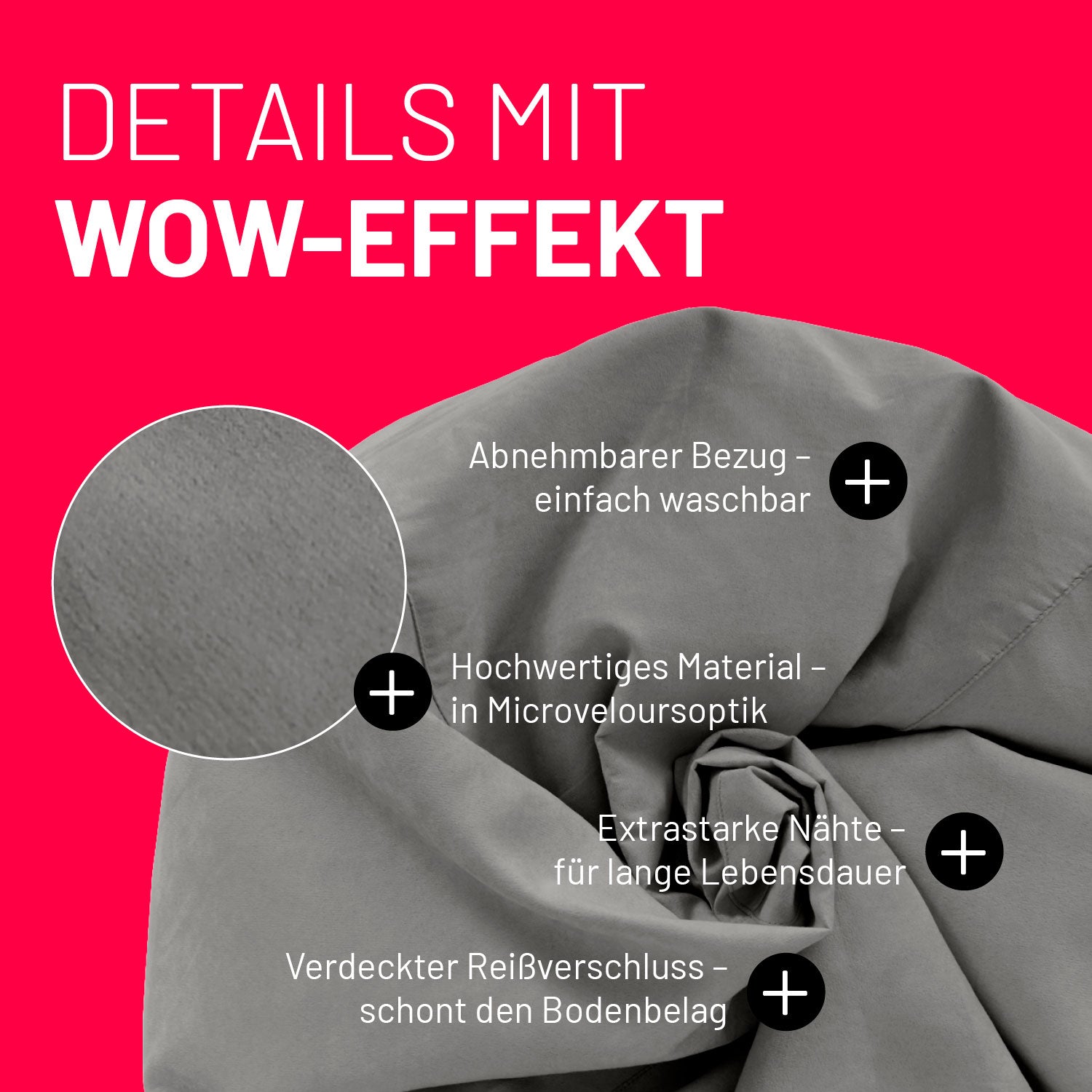 Luxury XL Sitzsack (120 L) - Grau mit abnehmbarem Bezug, Microveloursoptik, extrastarken Nähten und verdecktem Reißverschluss für lange Haltbarkeit.