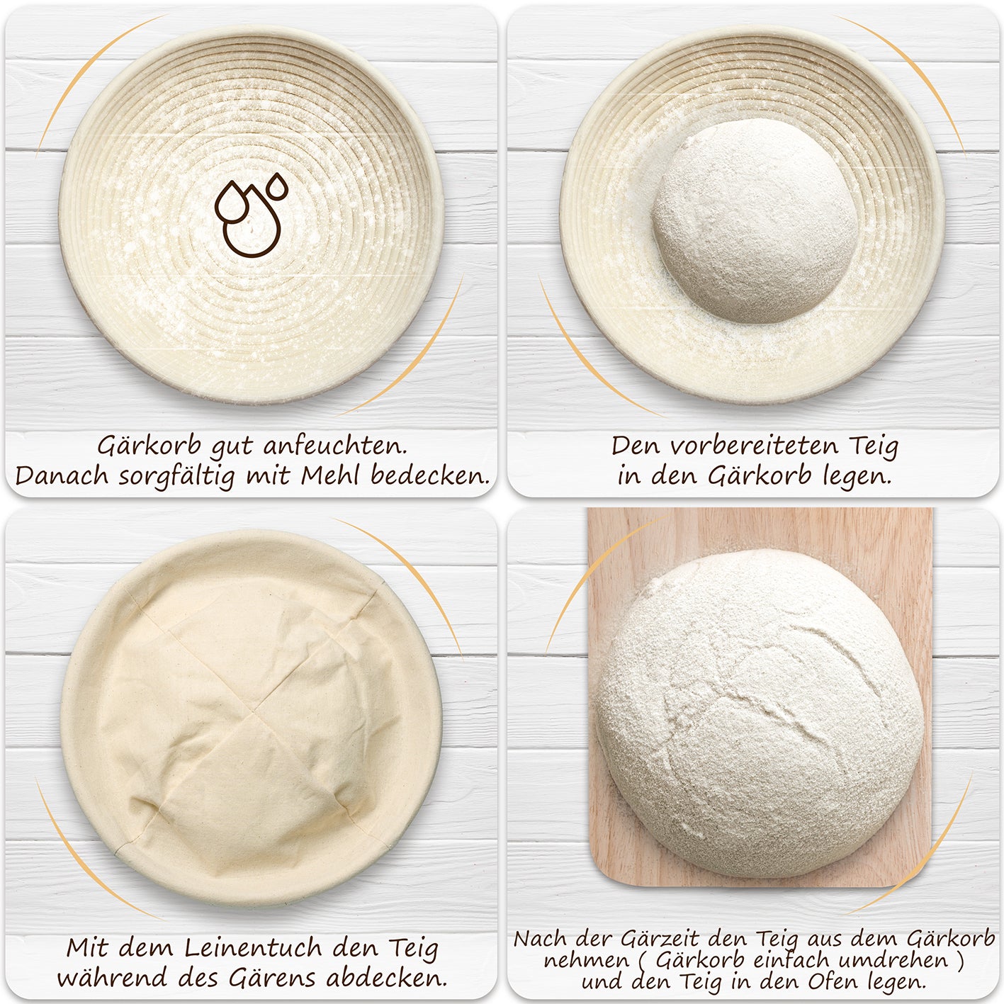 Gärkörbchen zum Brotbacken - Ø 25cm aus Rattan mit Leineneinsatz für frisches Brot und einfache Teigführung beim Gären.