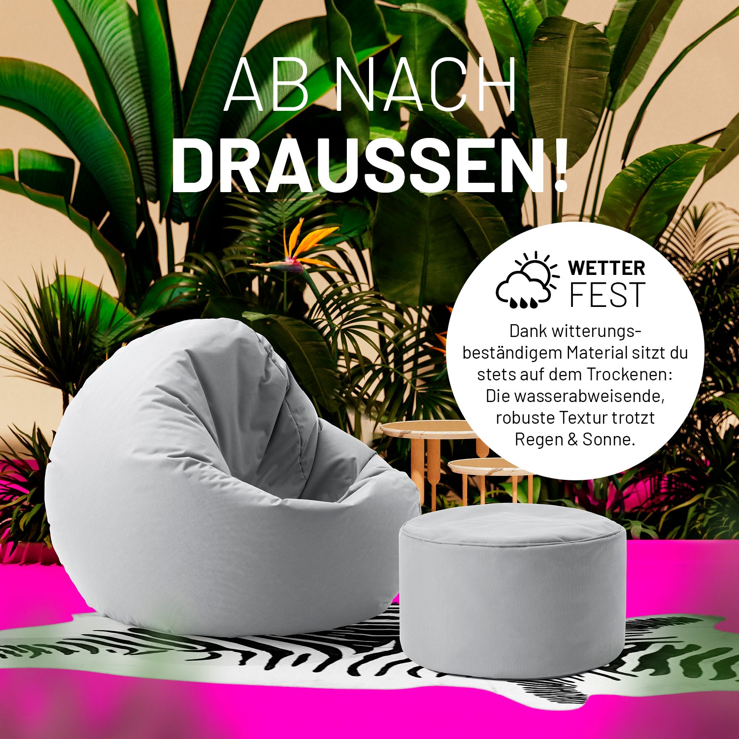 Sitzsack-Hocker/Pouf (50 L) Silbergrau, wetterfest, indoor & outdoor, robustes, wasserabweisendes Material, leicht und vielseitig nutzbar.