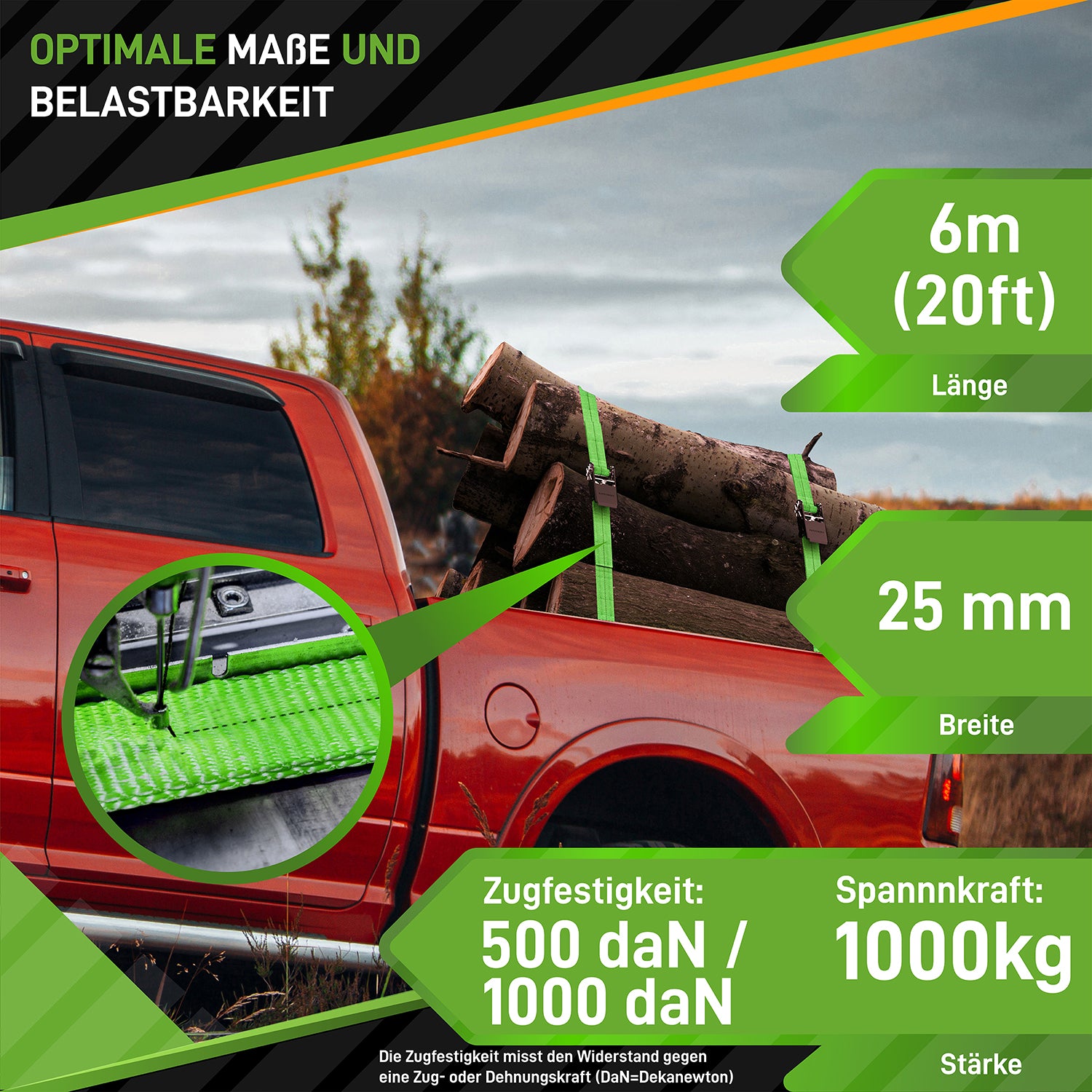 Spanngurte mit Ratschen - 4er-Set - Neongrün mit 6m Länge, 25mm Breite, 1000kg Haltekraft und 500 daN Zugfestigkeit
