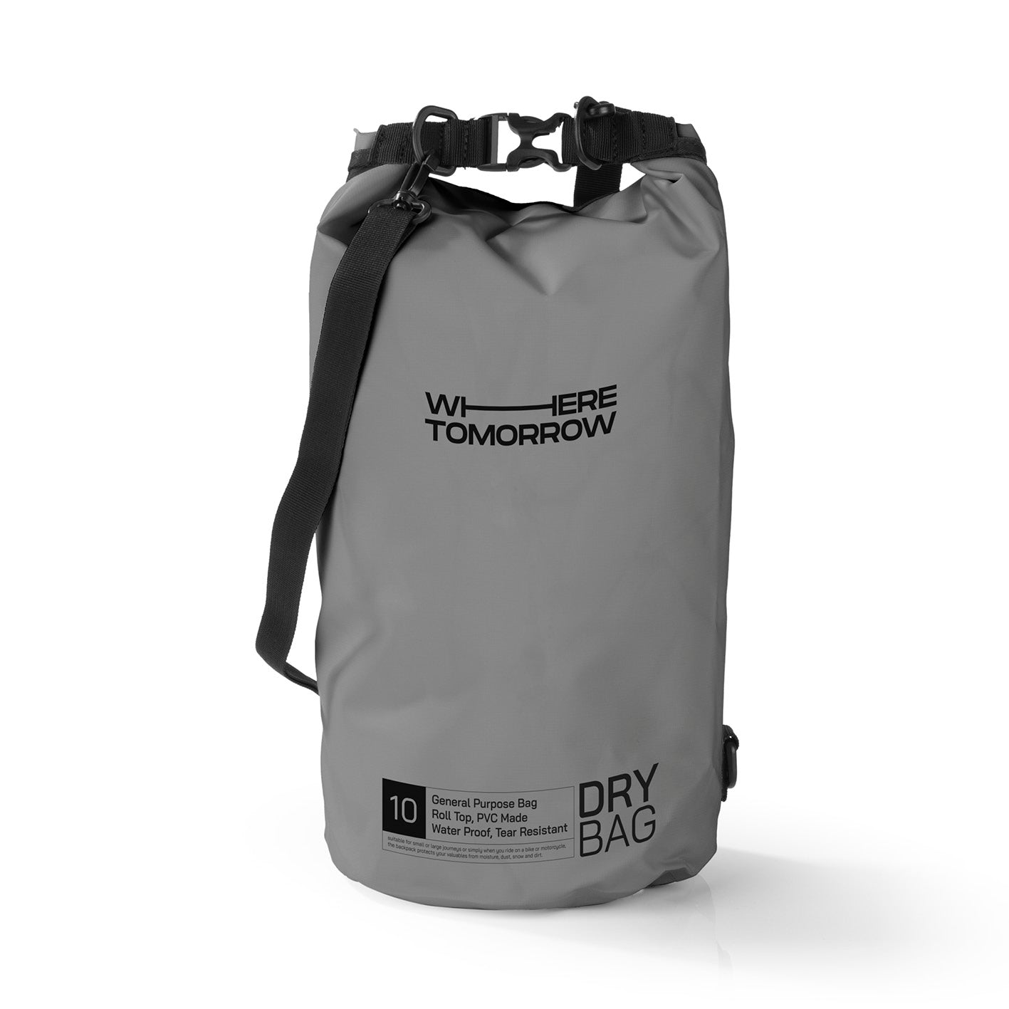 Dry Bag 10L - Style 01 - Grau, wasserdichter und robuster Outdoor-Rucksack mit Rolltop-Verschluss und verstellbarem Schultergurt.