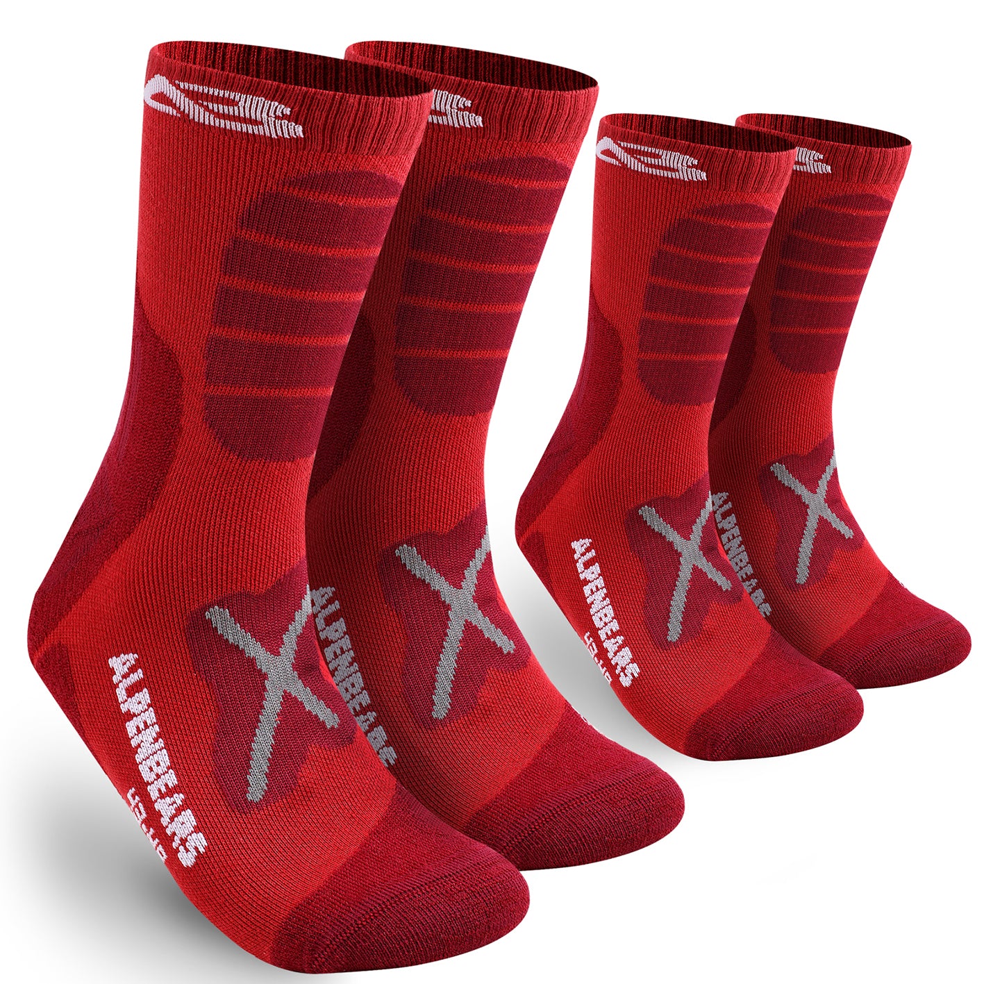 Wandersocken Merino Wolle - 2er-Set - Rot - Größe 39-42, warm, atmungsaktiv und gepolstert für optimalen Komfort beim Wandern.