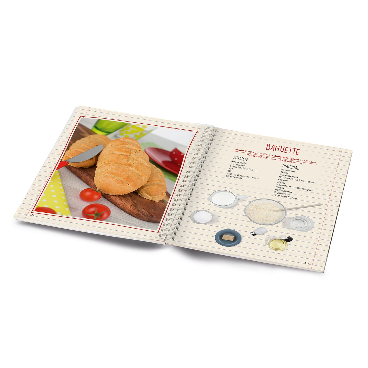 Rezeptbuch inkl. Messbecher-Set - Band 4 - Kleine Gerichte ganz groß! mit bebildertem Baguette-Rezept und Zutatenübersicht.