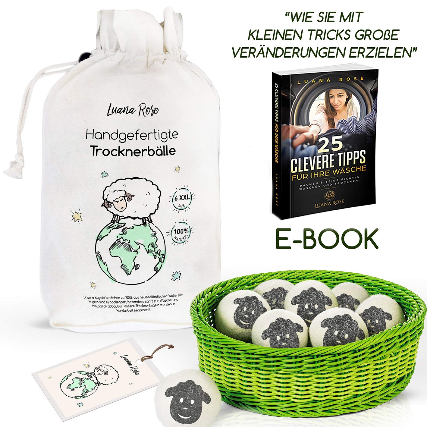 Trocknerbälle für Wäschetrockner - 6er-Set - Schafwolle in grünem Korb mit Aufbewahrungssack und E-Book für schnellere Trocknung.