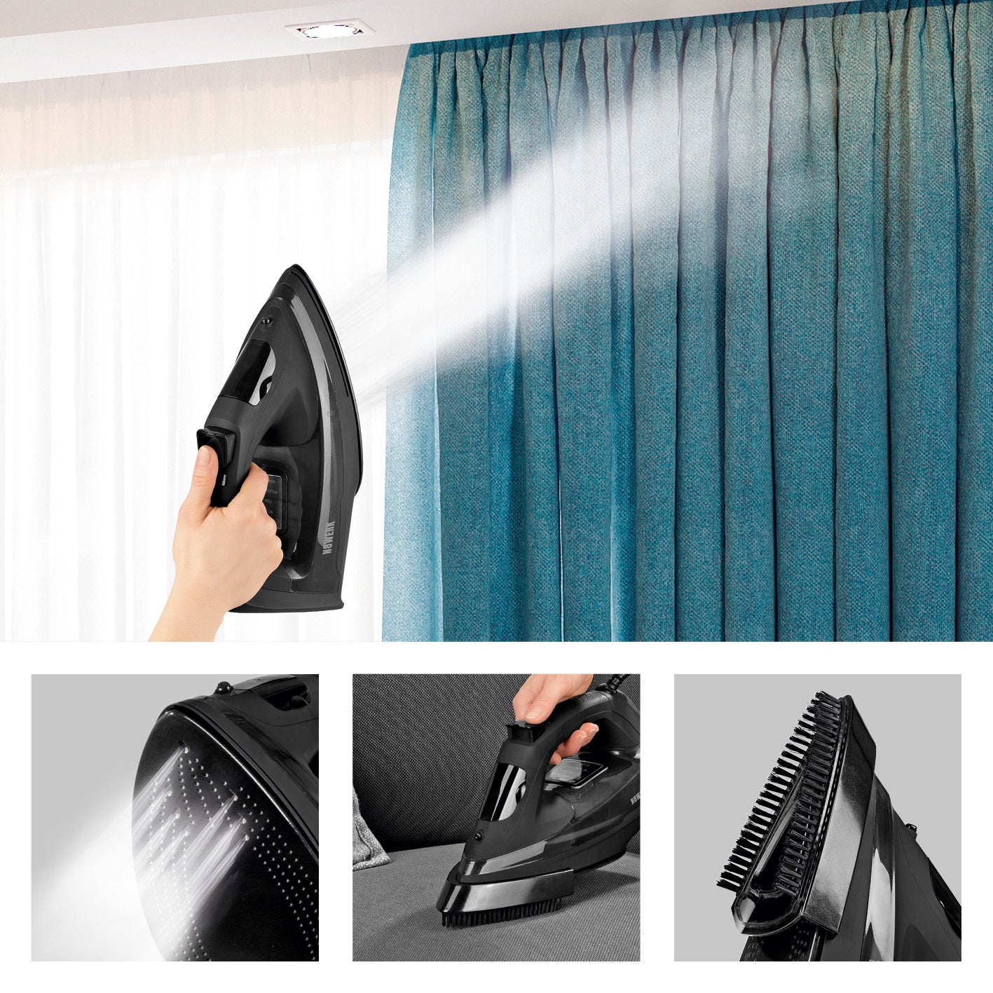 Dampfbügeleisen Midnight Black Edition mit Turbo-Dampfgenerator, zum vertikalen Auffrischen von Vorhängen und Kleidung.