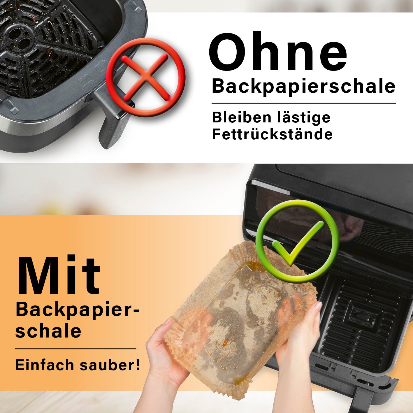 Backpapierschalen für Doppelkorb-Heißluftfritteusen 3–5 l, 100 Stück – schützt vor Fettrückständen für einfache Reinigung.