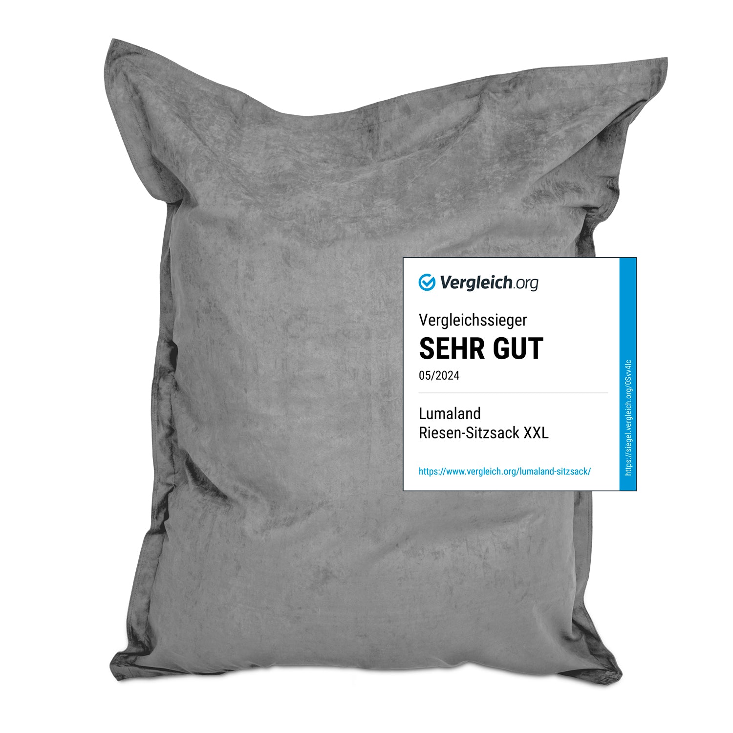 XXL Microvelours Sitzsack (380 L) - indoor - Grau von Lumaland, großer, bequemer und wasserfester Riesensitzsack für drinnen.