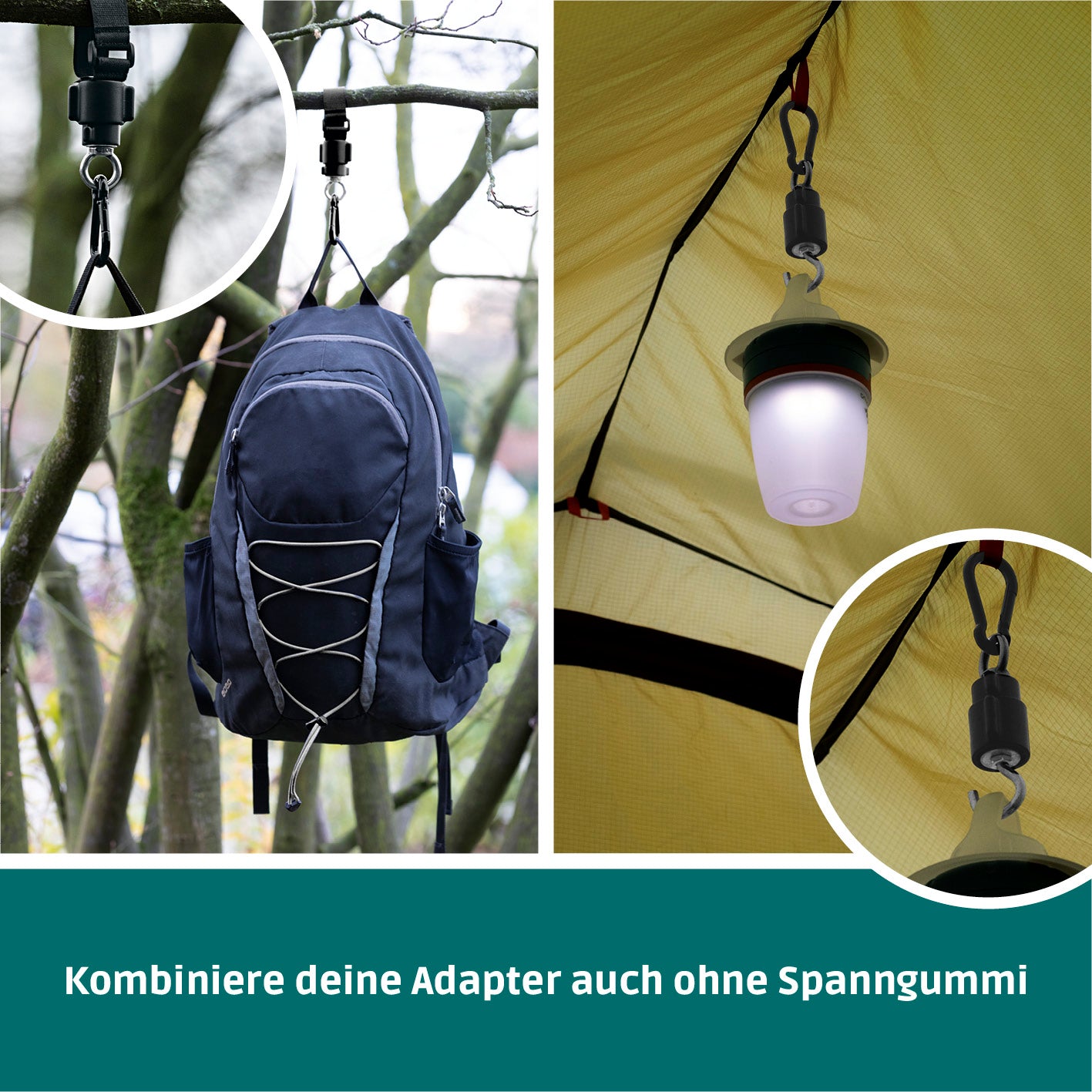 Multifunktionales Spanngummi-System - Premium-Set mit verstellbarer Länge und vielseitigen Befestigungsoptionen für Rucksack und Laterne.
