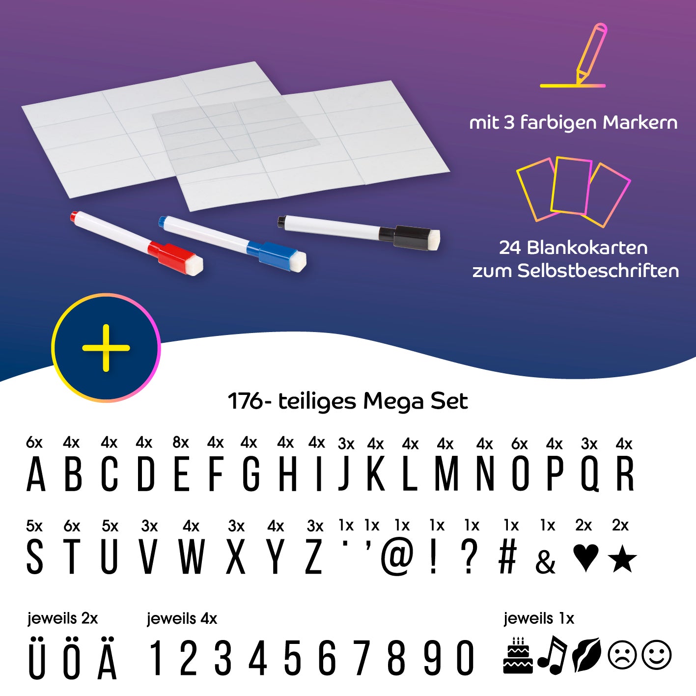 LED-Leuchtkasten mit 173 Buchstaben & Symbole inkl. Schreib-Set mit 3 Markern und 24 Blankokarten zum Selbstbeschriften.