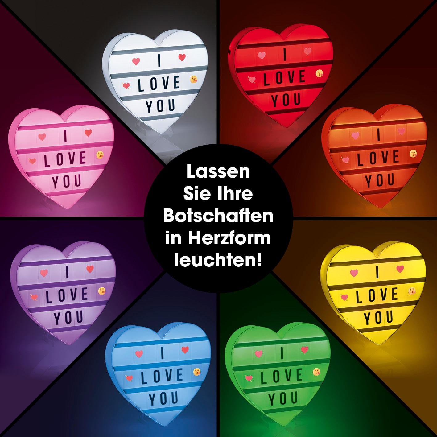 LED-Leuchtkasten Herz - 173 Buchstaben & 150 Moodjis mit Farbwechsel für individuelle Textbotschaften in Herzform.
