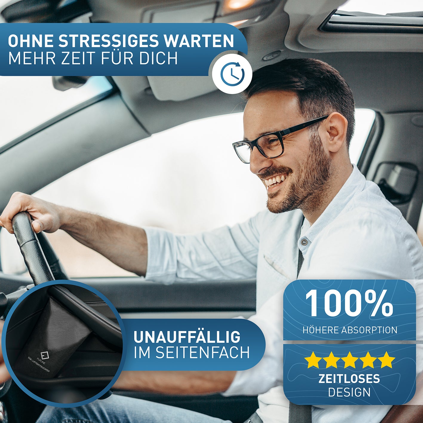 Auto-Luftentfeuchter - 1 kg im Auto-Seitenfach zur effektiven Feuchtigkeitsaufnahme und Vermeidung von beschlagenen Scheiben.