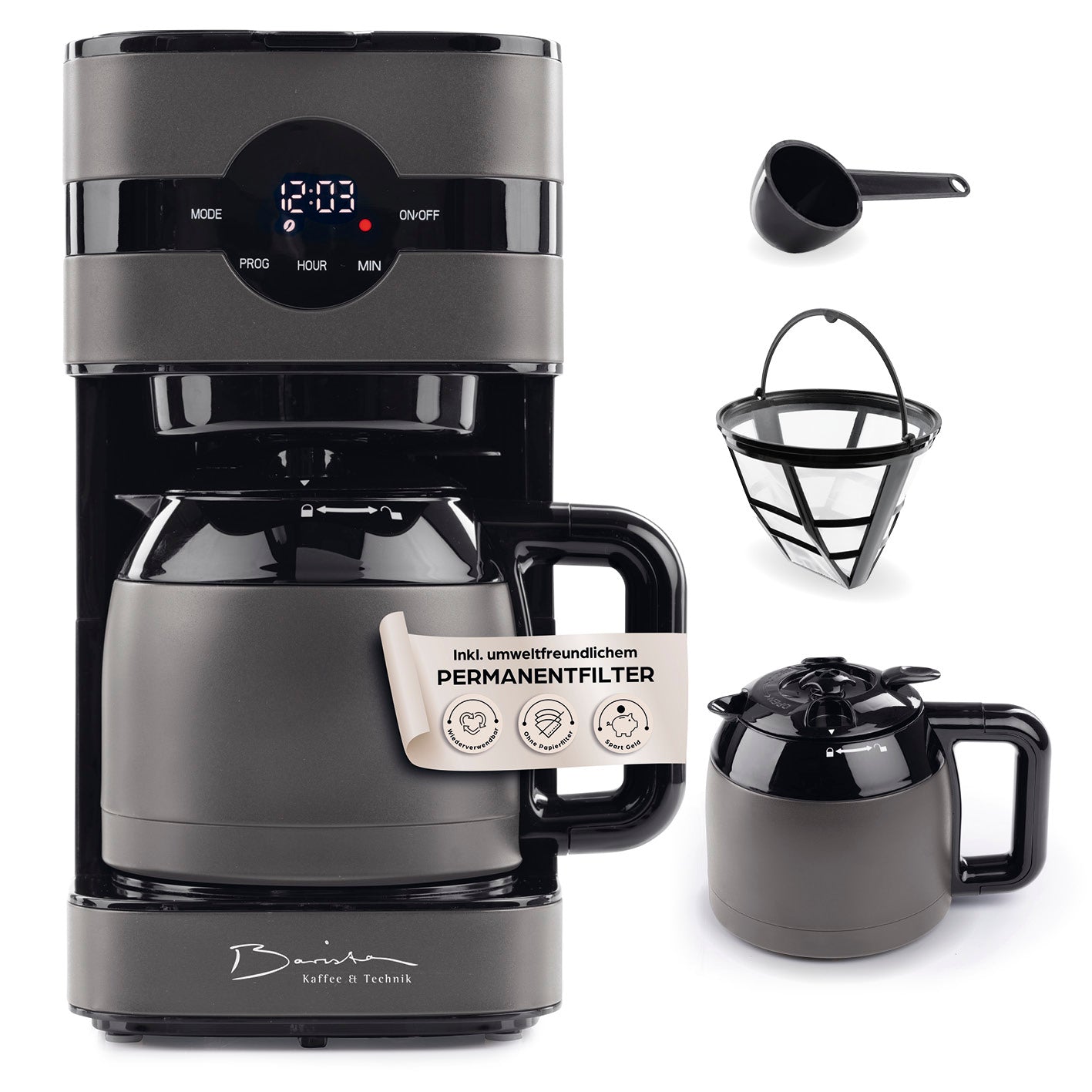 Filterkaffeemaschine Touch Iso - Grau mit Timer, LED-Touchdisplay, doppelwandiger Isolierkanne und waschbarem Permanentfilter.