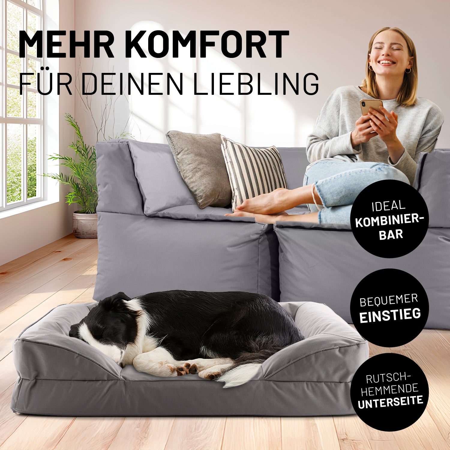 Komfort-Hundebett aus der LUMALAND Outdoor-Kollektion - Gr. M - 90 x 65 cm - Grau mit hohem Rand und rutschhemmendem Boden