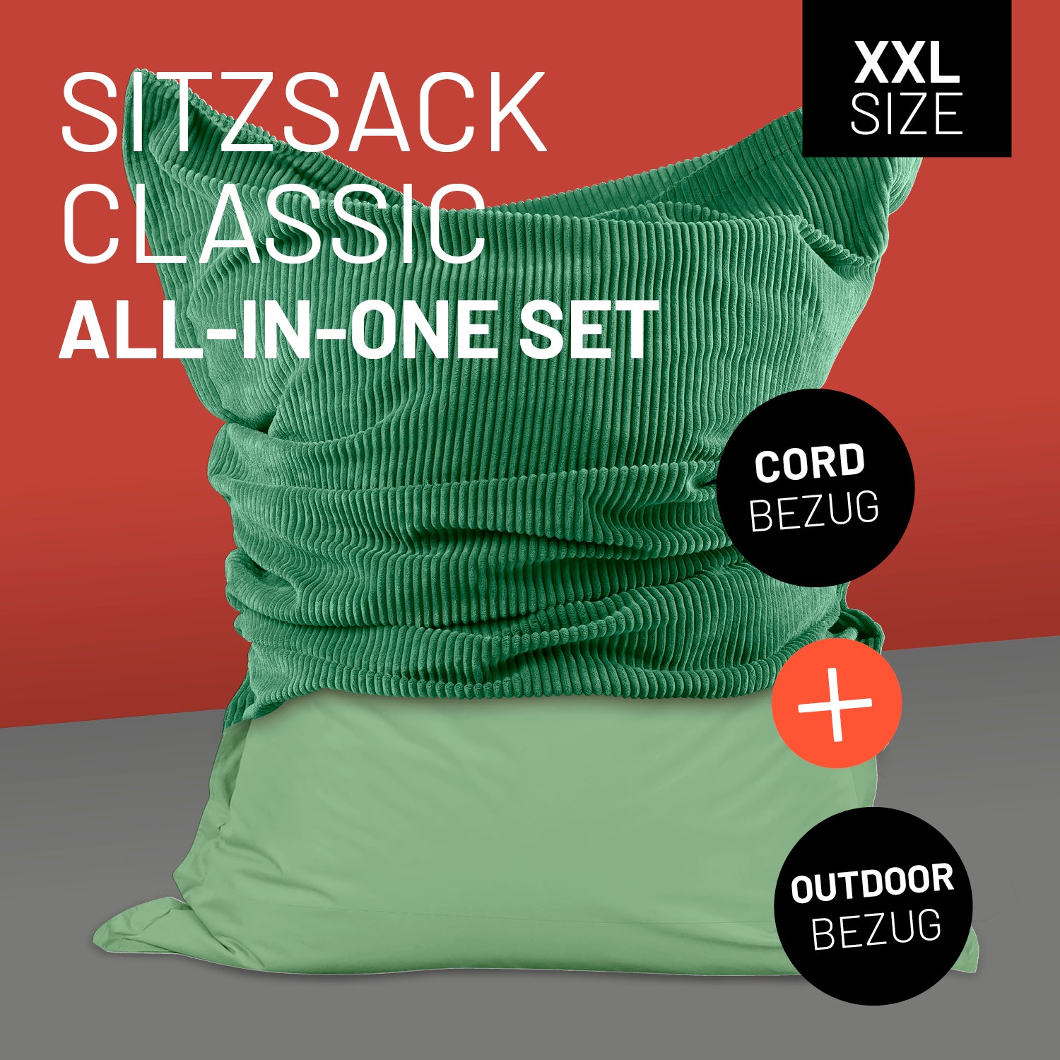 Sitzsack Classic XXL All-in-One Set - 380 L - 140 x 180 cm - Pastellgrün mit weichem Cord- und robustem Outdoor-Bezug