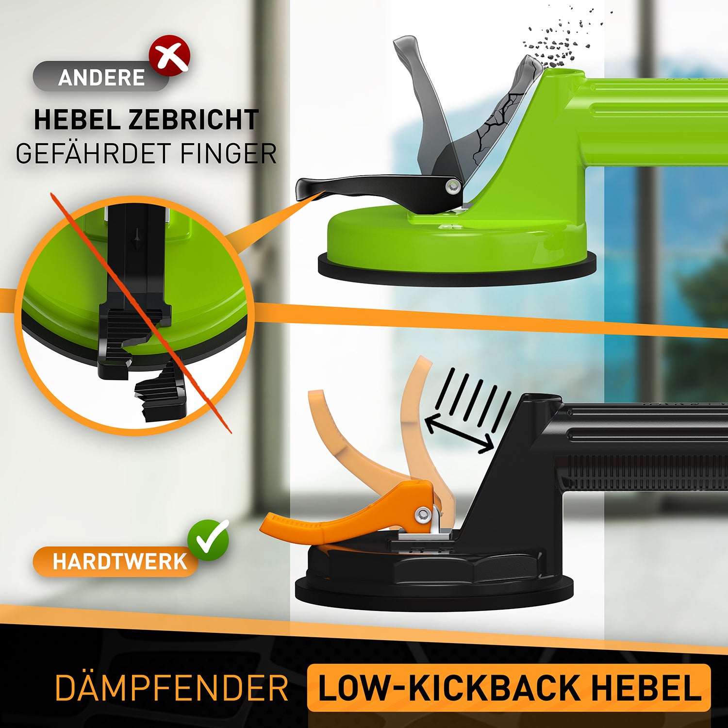 Multifunktionaler Saugheber - 2er Set mit dämpfendem Low-Kickback Hebel für sicheren und ergonomischen Halt ohne Fingergefahr.