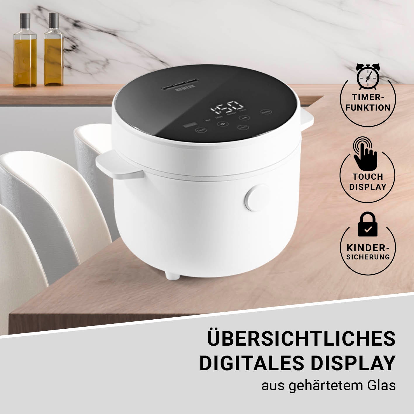 Digitaler Reiskocher mit übersichtlichem Touch-Display, Timerfunktion und kindersicherem Design für vielseitiges, sauberes Kochen.
