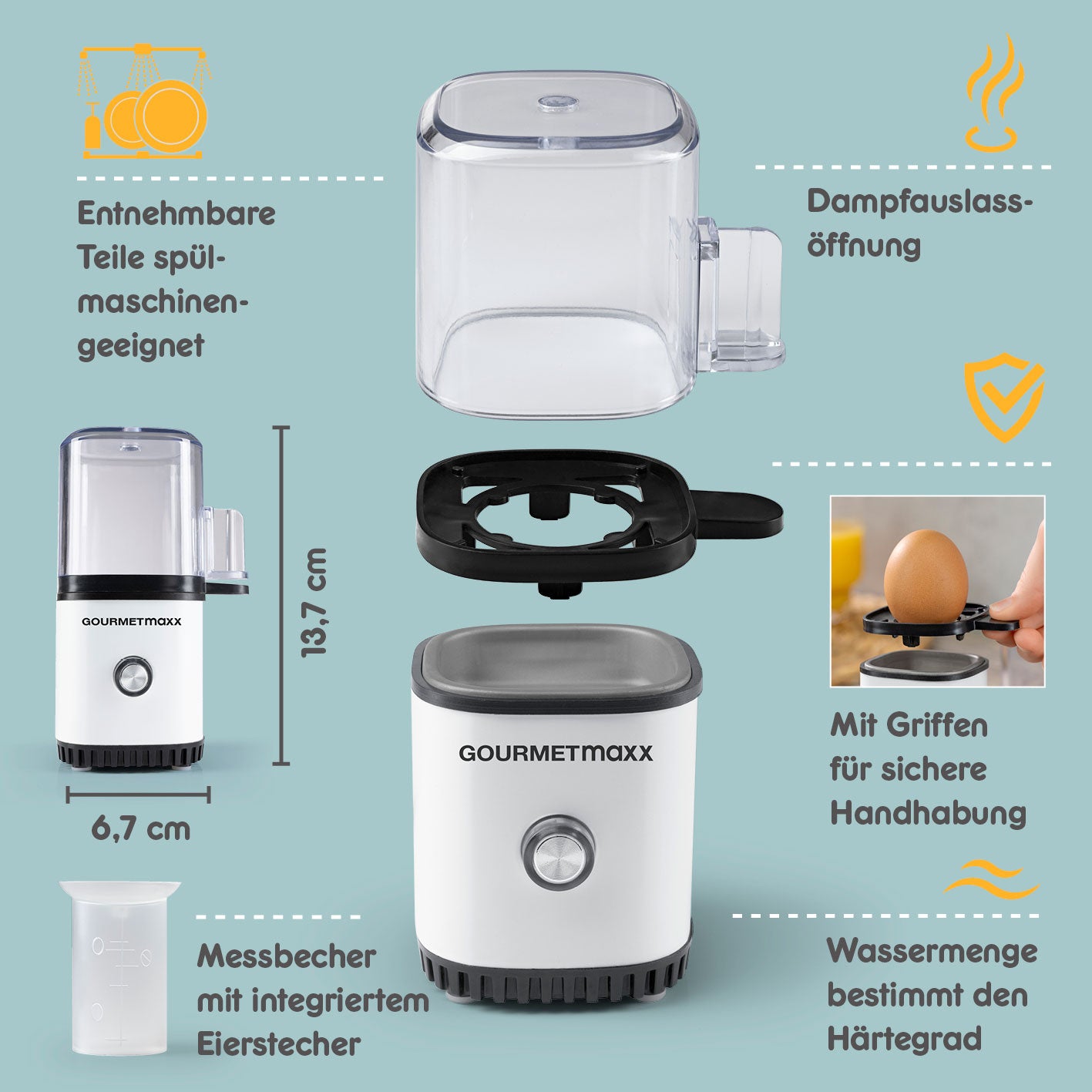 Design-Eierkocher 1 Ei - Weiß mit abnehmbaren Teilen, Dampfauslass, Griffen und Messbecher für perfekte Eier zubereiten.