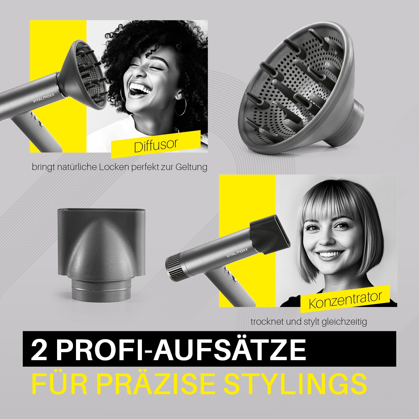 Slim Hairdryer mit 2 Profi-Aufsätzen Diffusor für Locken und Konzentrator für präzises Trocknen und Stylen bei allen Haartypen