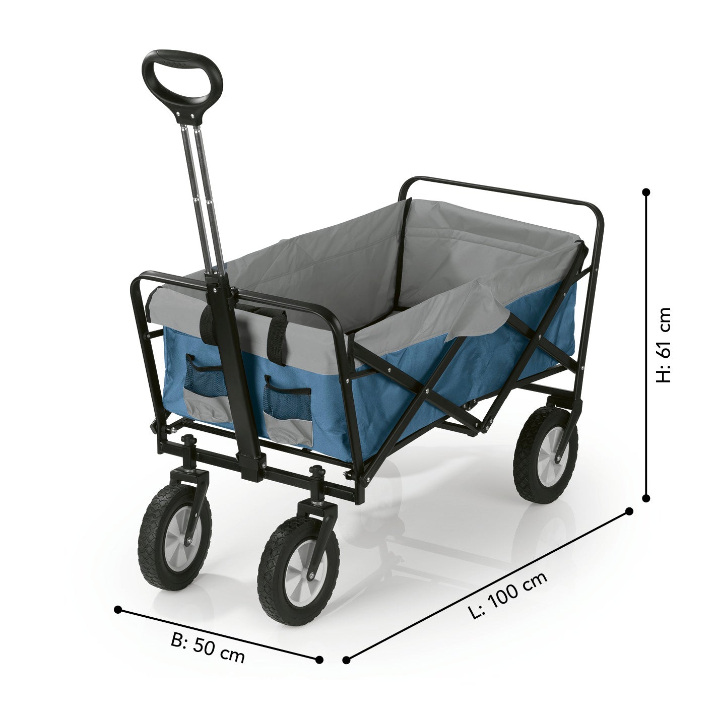 Bollerwagen faltbar - blau/grau mit Stahlrahmen, wetterfestem Bezug, 360° drehbaren Rädern und ausziehbarem Teleskopgriff, max. 80 kg Tragkraft.