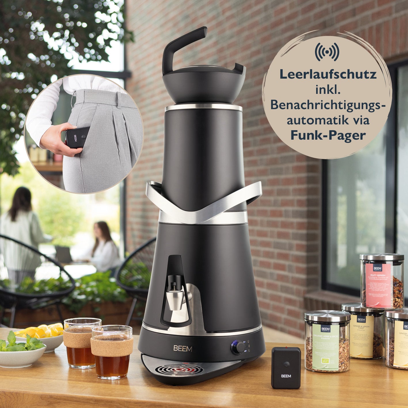 Samowar Amira mit Dispenser 10l - 2000W - schwarz matt mit intelligentem Leerlaufschutz und Funk-Pager für Hotellerie und Gastronomie.