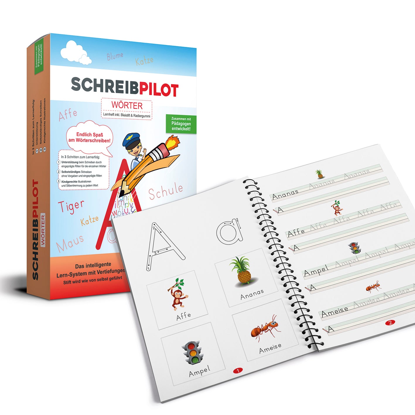 Heft Wörter mit Bleistift/Radiergummi - DIN-A4 zeigt Lernheft mit Übungen zum Schreiben ein- bis dreisilbiger Wörter für Kinder.