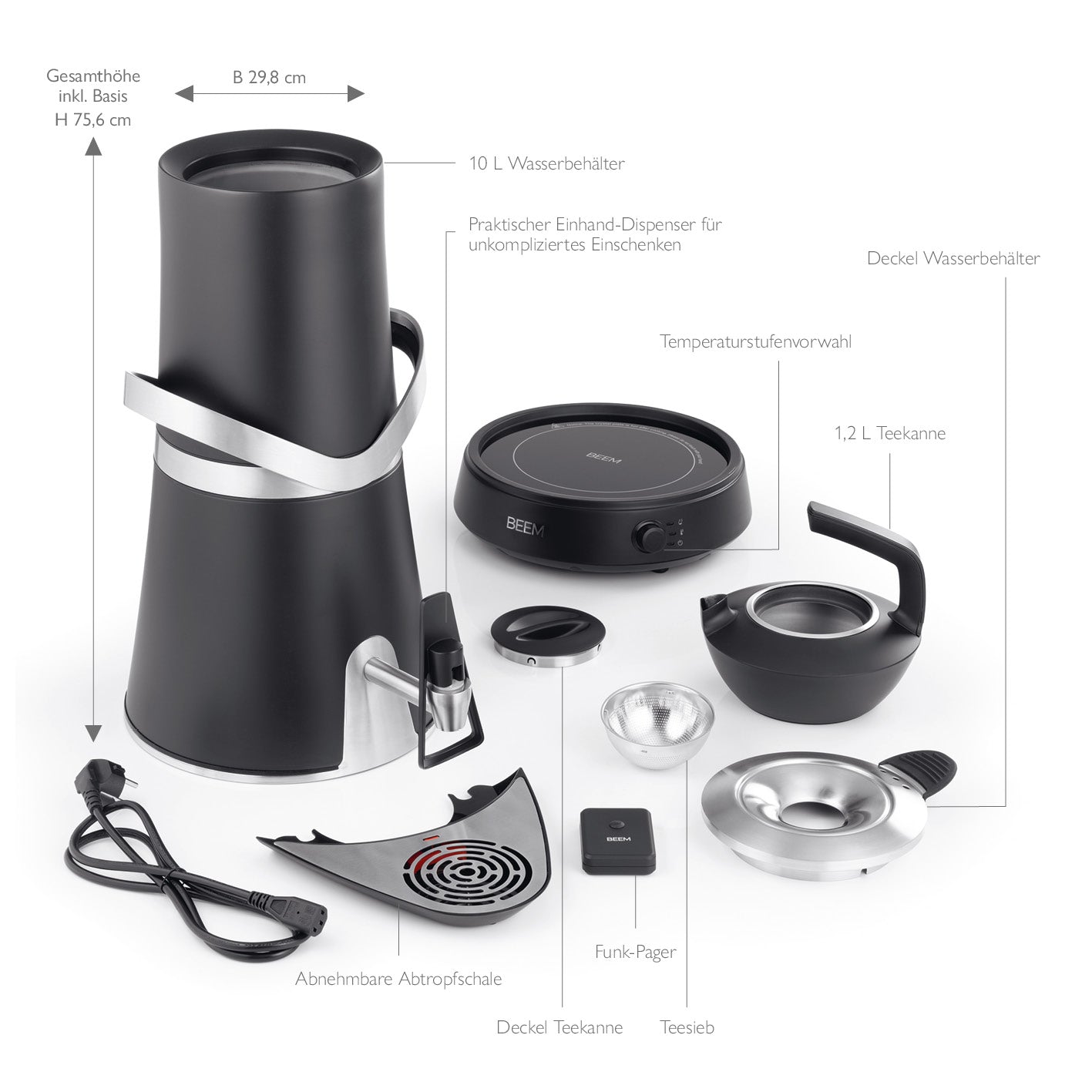 Samowar Amira mit Dispenser 10l - 2000W - schwarz matt mit Induktionsbasis, Teekanne, Dispenser und Zubehör für professionellen Einsatz.