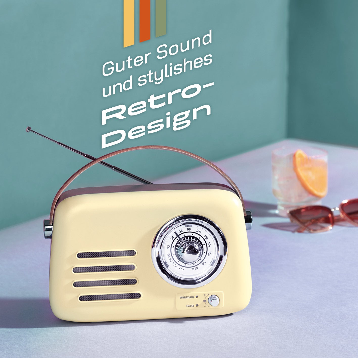 Radio Retro - Stil der 50er-Jahr - Vanille mit analoger Frequenzanzeige, Teleskopantenne und Tragegriff im stilvollen Retro-Design