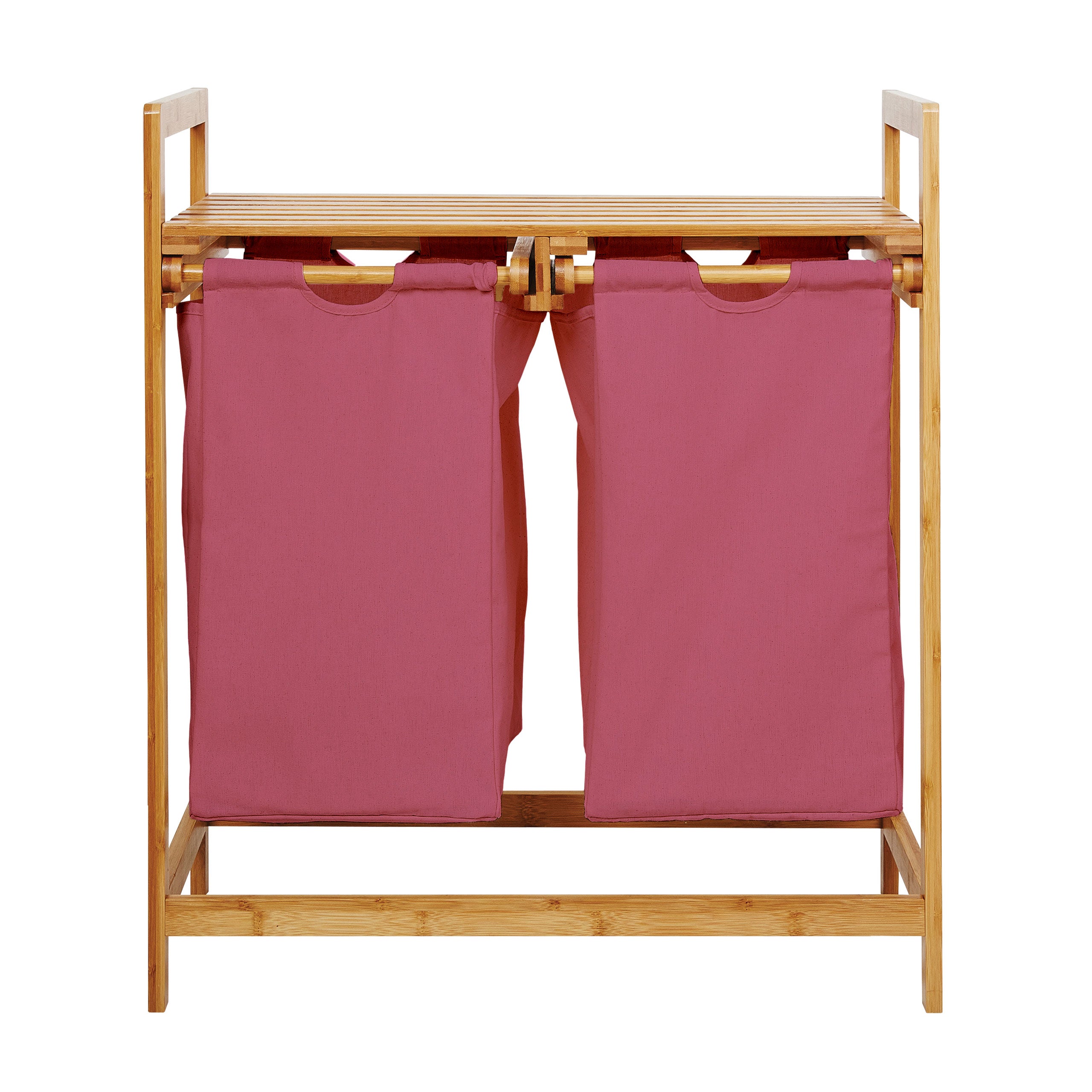 Bambus Wäschekorb mit 2 ausziehbaren rosa Wäschesäcken, 73 x 64 x 33 cm, mit Ablage und wasserabweisendem Inneren.