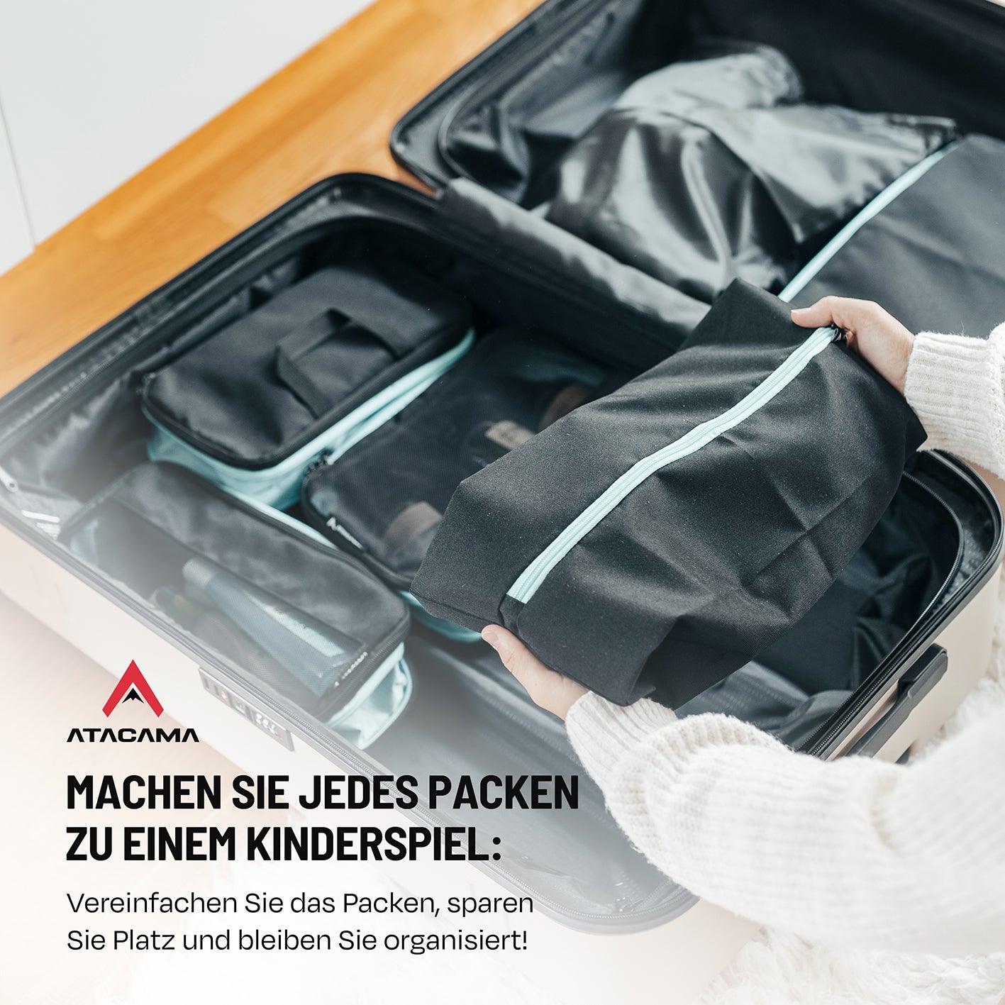 Kompressions-Packwürfel-Set / 4er-Set - Schwarz-Türkis, praktische Packwürfel mit Schmutzwäschefach und Kompression für Reisen.