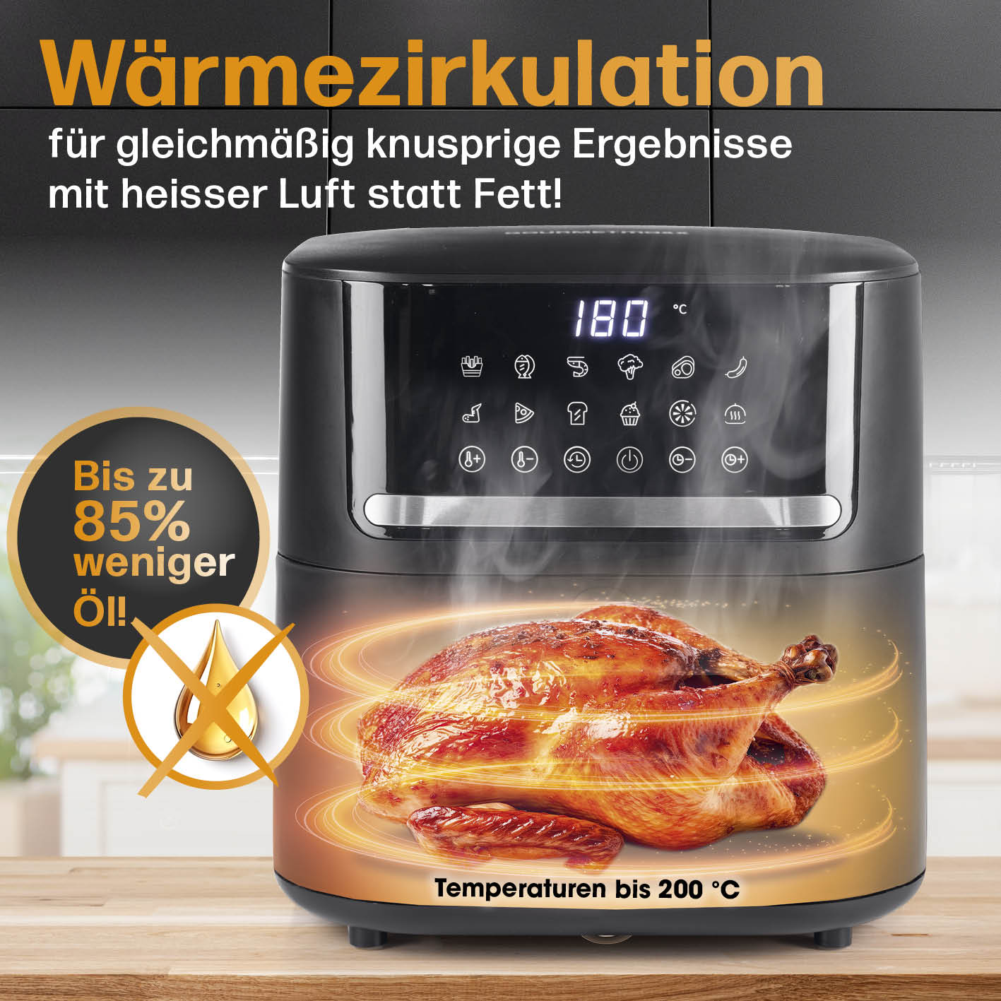 4in1-Heißluftfritteuse - 6 l mit Wärme­zirkulation für knusprige Gerichte bei bis zu 85% weniger Öl bis 200 °C.