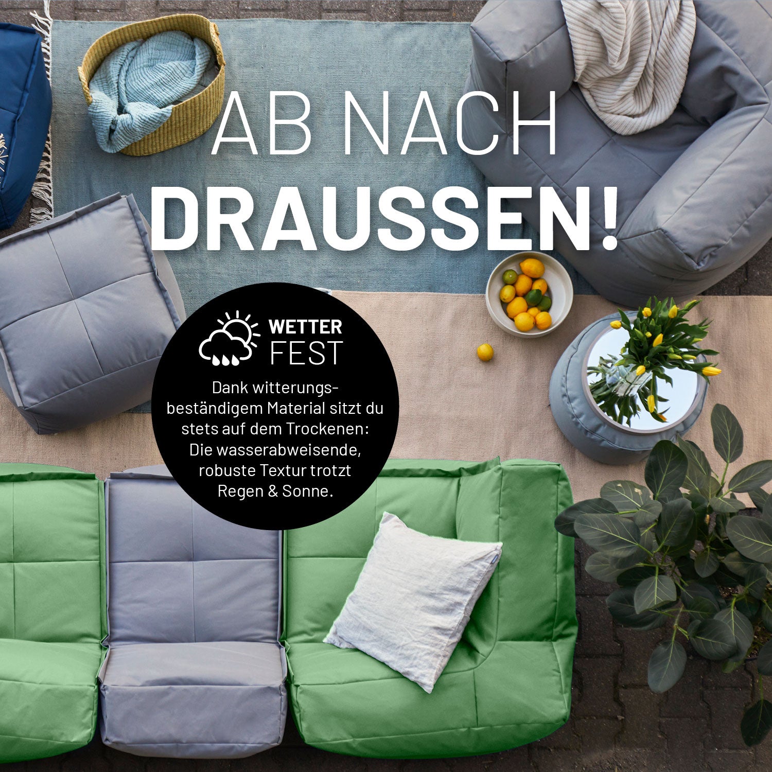 Sitzsack-Sofa Mittelstück (200 L) - Modulares System - indoor & outdoor - Pastell Grün wetterfest und robust für innen und außen.