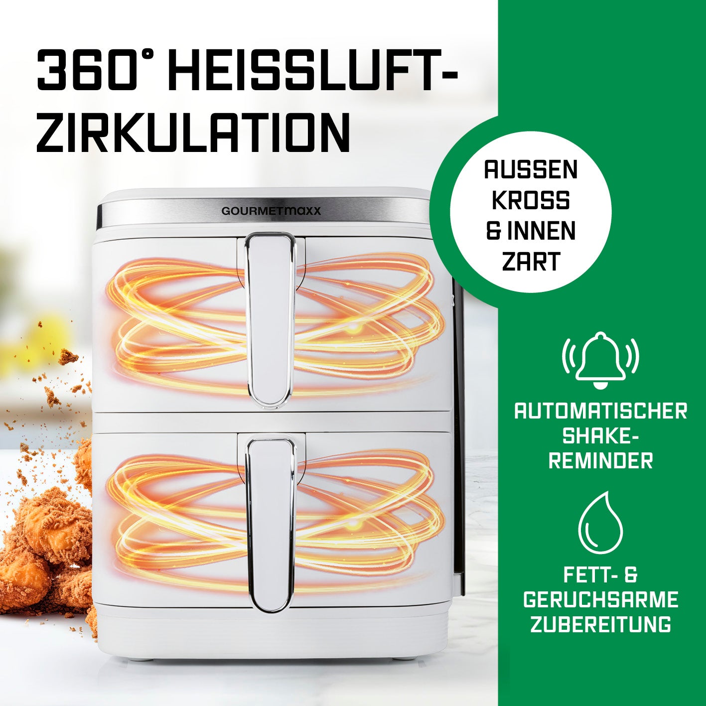 FryUp Vertikale Doppelkammer-Heißluftfritteuse - Weiß mit 360° Heißluftzirkulation für knusprige und zarte Speisen innen und außen.