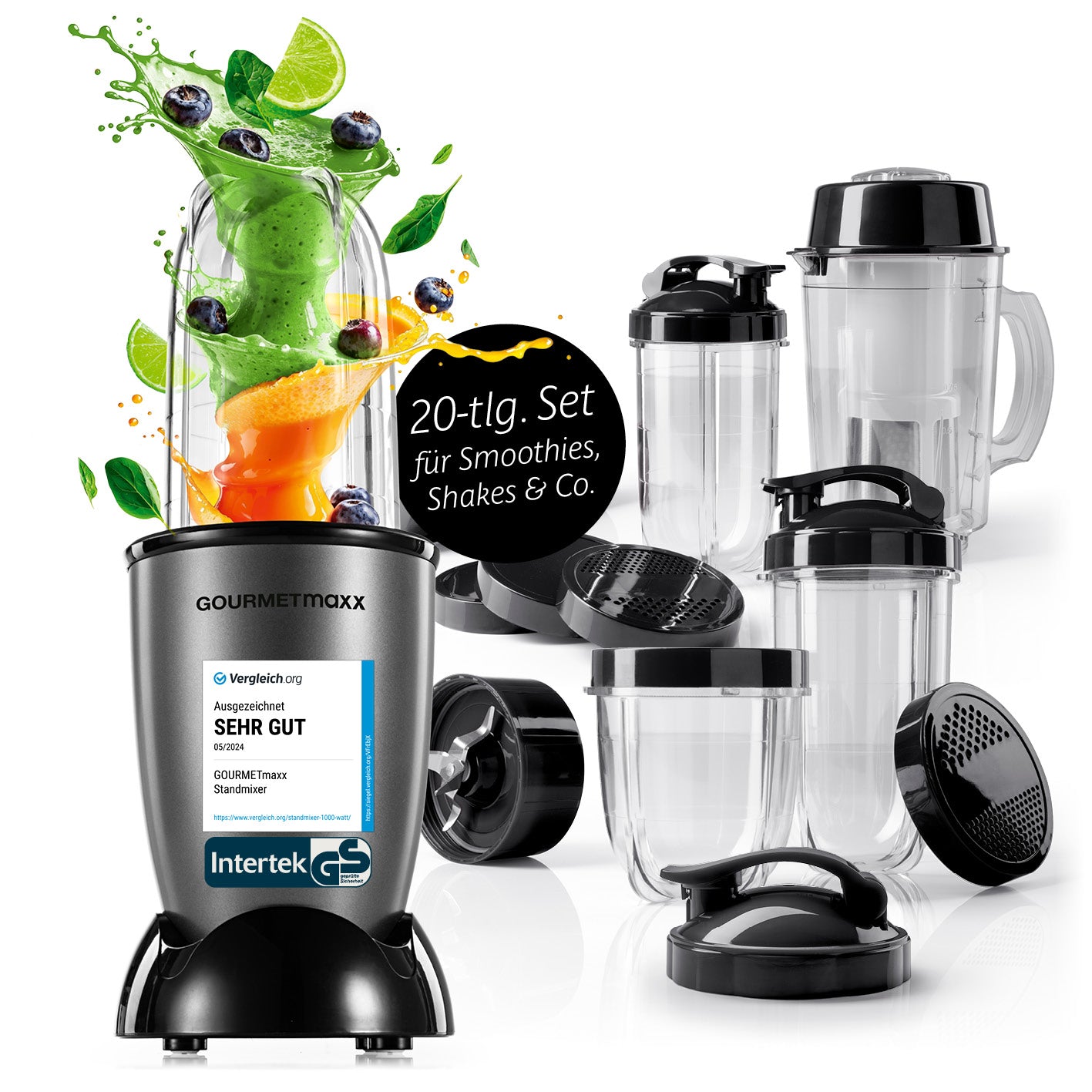 Mr. Magic Power 400 Pro mit Zubehörset XL - Anthrazit/Schwarz kompakter Standmixer mit umfangreichem Zubehör für Smoothies und Shakes.