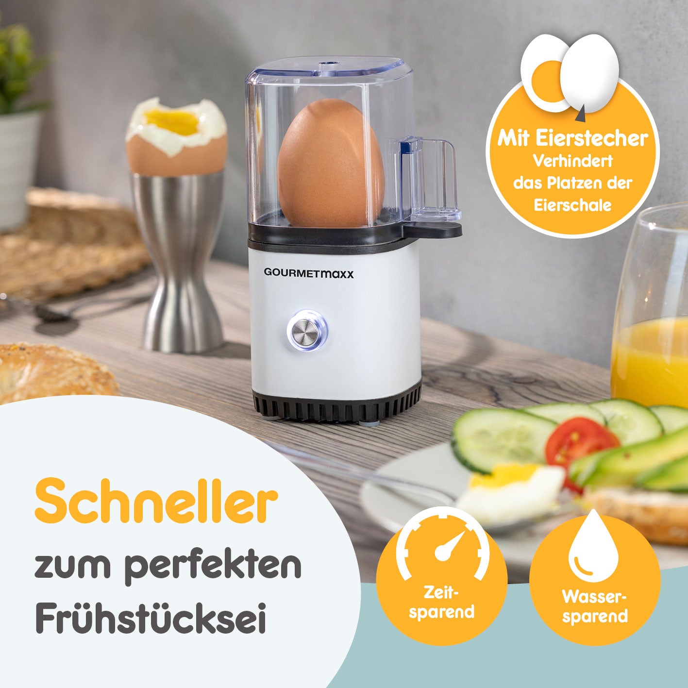 Design-Eierkocher 1 Ei - Weiß mit Eierstecher für schnelles, platzsparendes Kochen perfekter Frühstückseier ohne Herd.