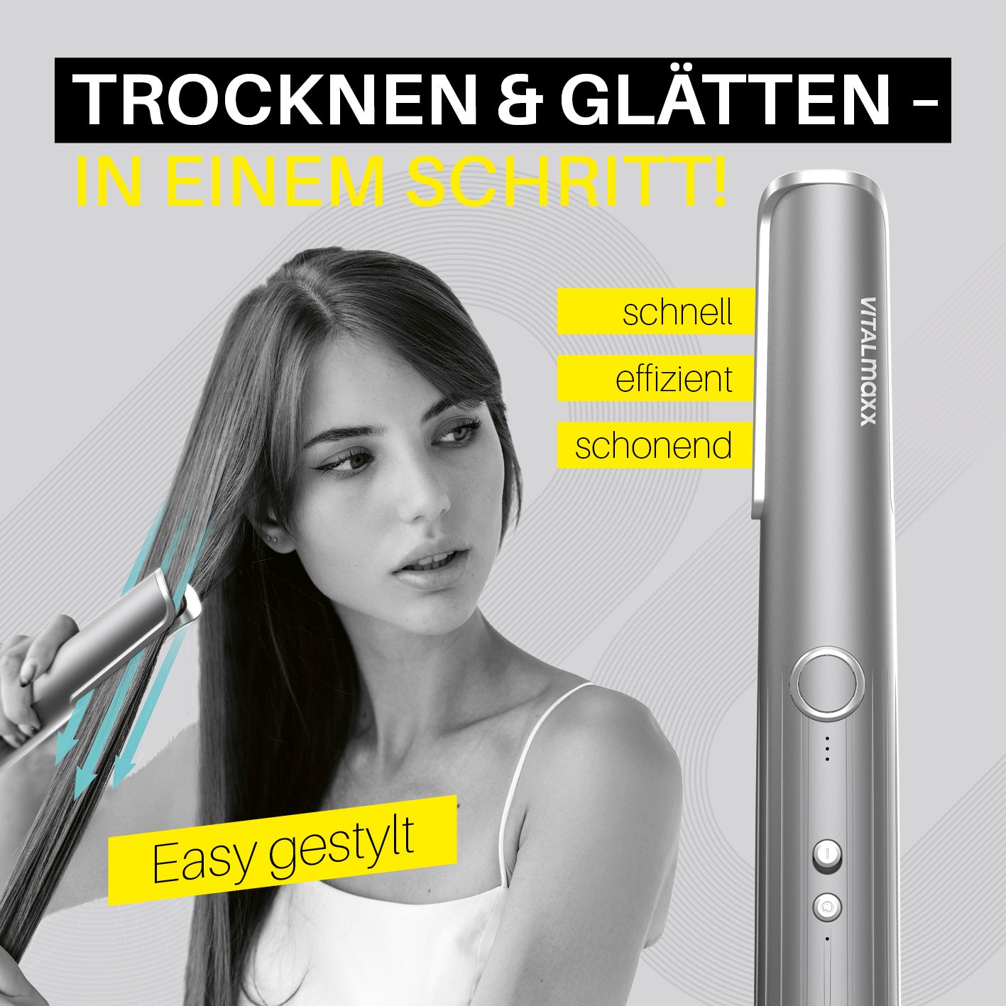 Frau nutzt STYLE & SHINE by VITALmaxx Straight & Air Styler zum schnellen Trocknen und Glätten der Haare in einem Schritt